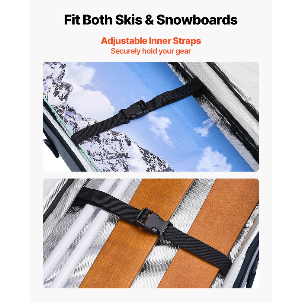 VEVOR Bolsa de Esquí de Snowboard, hasta 165 cm, Funda para Esquís, Impermeable, Tejido Oxford 600D, con Correas Interiores Ajustables, para Bastones, Gafas, Guantes, Cascos y Botas, Color Gris