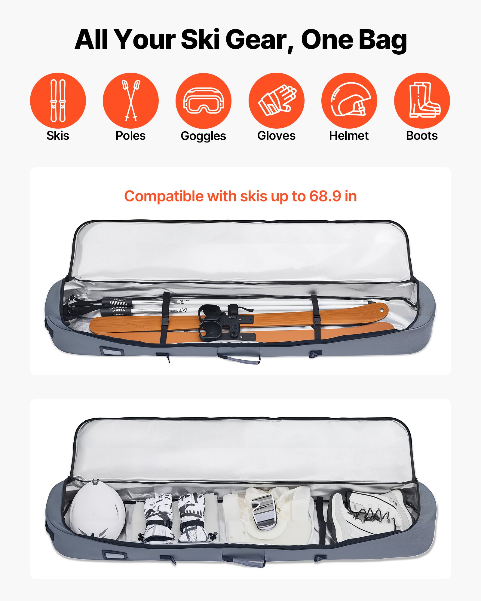 VEVOR Bolsa de Esquí de Snowboard, hasta 165 cm, Funda para Esquís, Impermeable, Tejido Oxford 600D, con Correas Interiores Ajustables, para Bastones, Gafas, Guantes, Cascos y Botas, Color Gris