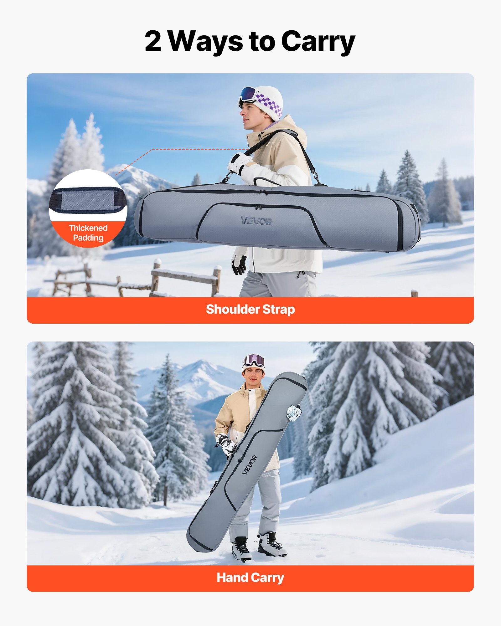 VEVOR Bolsa de Esquí de Snowboard, hasta 165 cm, Funda para Esquís, Impermeable, Tejido Oxford 600D, con Correas Interiores Ajustables, para Bastones, Gafas, Guantes, Cascos y Botas, Color Gris