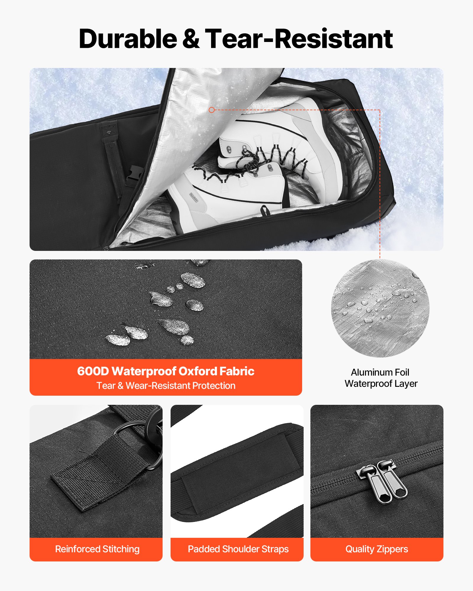 VEVOR Bolsa de Esquí de Snowboard, con Ruedas, hasta 175 cm, con Una extensión 10 cm, Tejido Oxford Impermeable 600D, con Correas Ajustables, para Bastones, Gafas, Guantes, Cascos y Botas, Negro