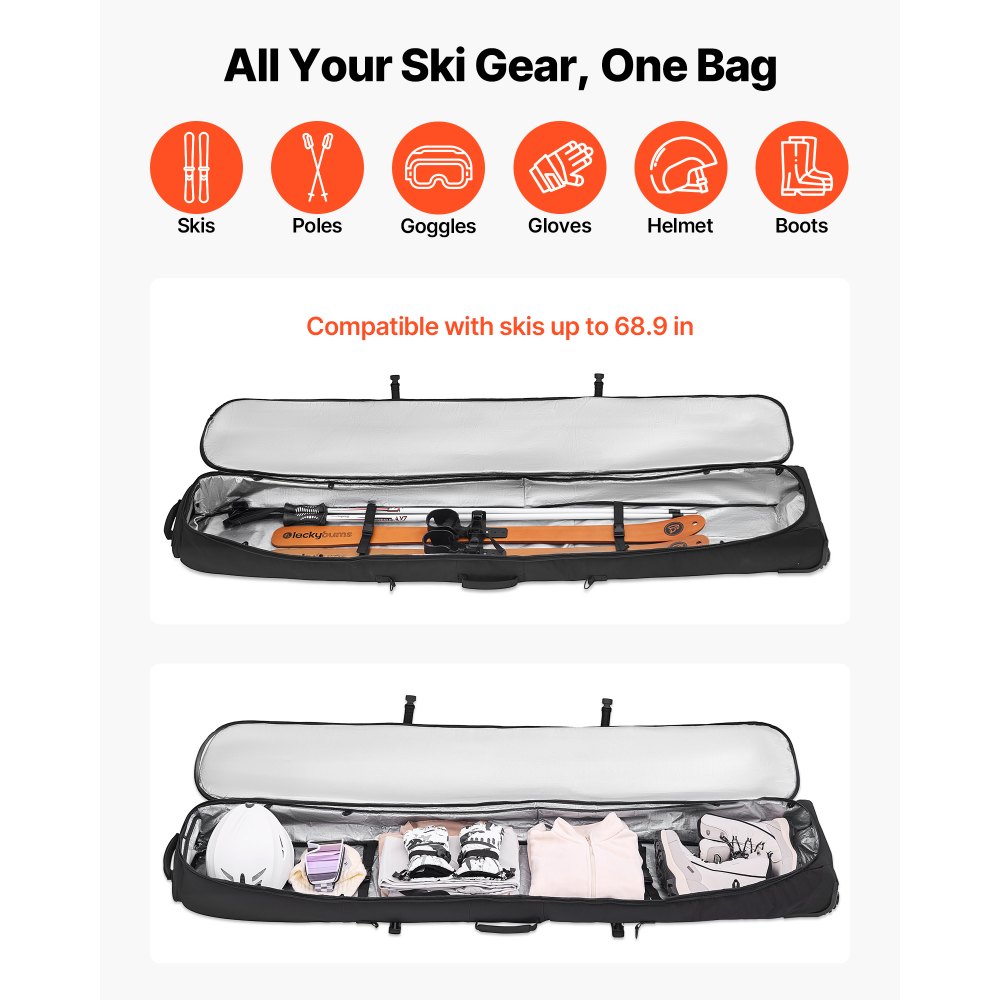 VEVOR Bolsa de Esquí de Snowboard, con Ruedas, para Viajes en Avión, hasta 190 cm, Impermeable, Tejido Oxford 600D, con Correas Ajustables, para Bastones, Gafas, Guantes, Cascos y Botas, negro