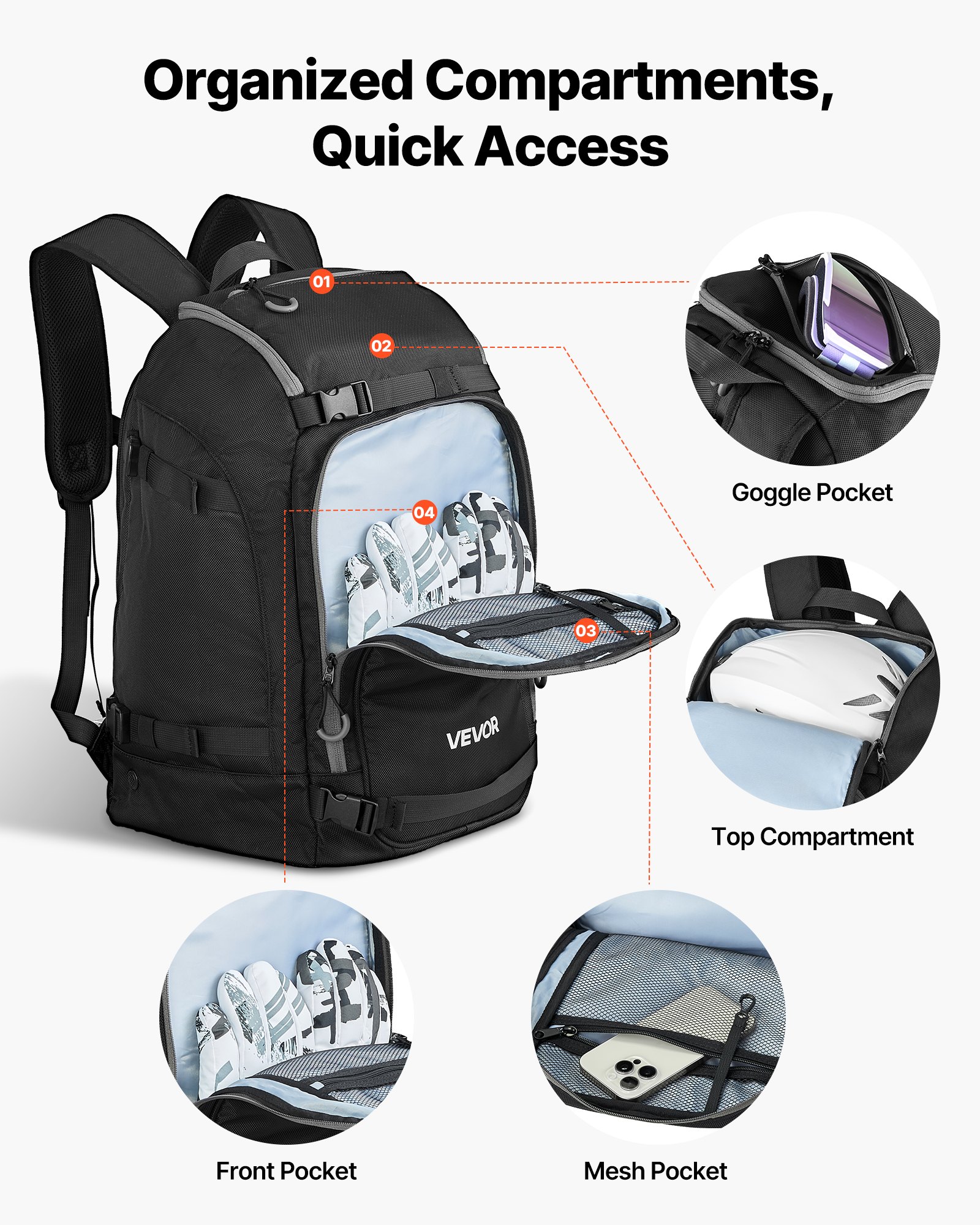 VEVOR Mochila de Viaje para Botas de Esquí, 55 L, para Hombre y Mujer, Impermeable, Exterior e Inferior, Oxford 1680D Resistente, para Snowboard, Casco, Gafas y Guantes, Negro, 410 x 270 x 500 mm