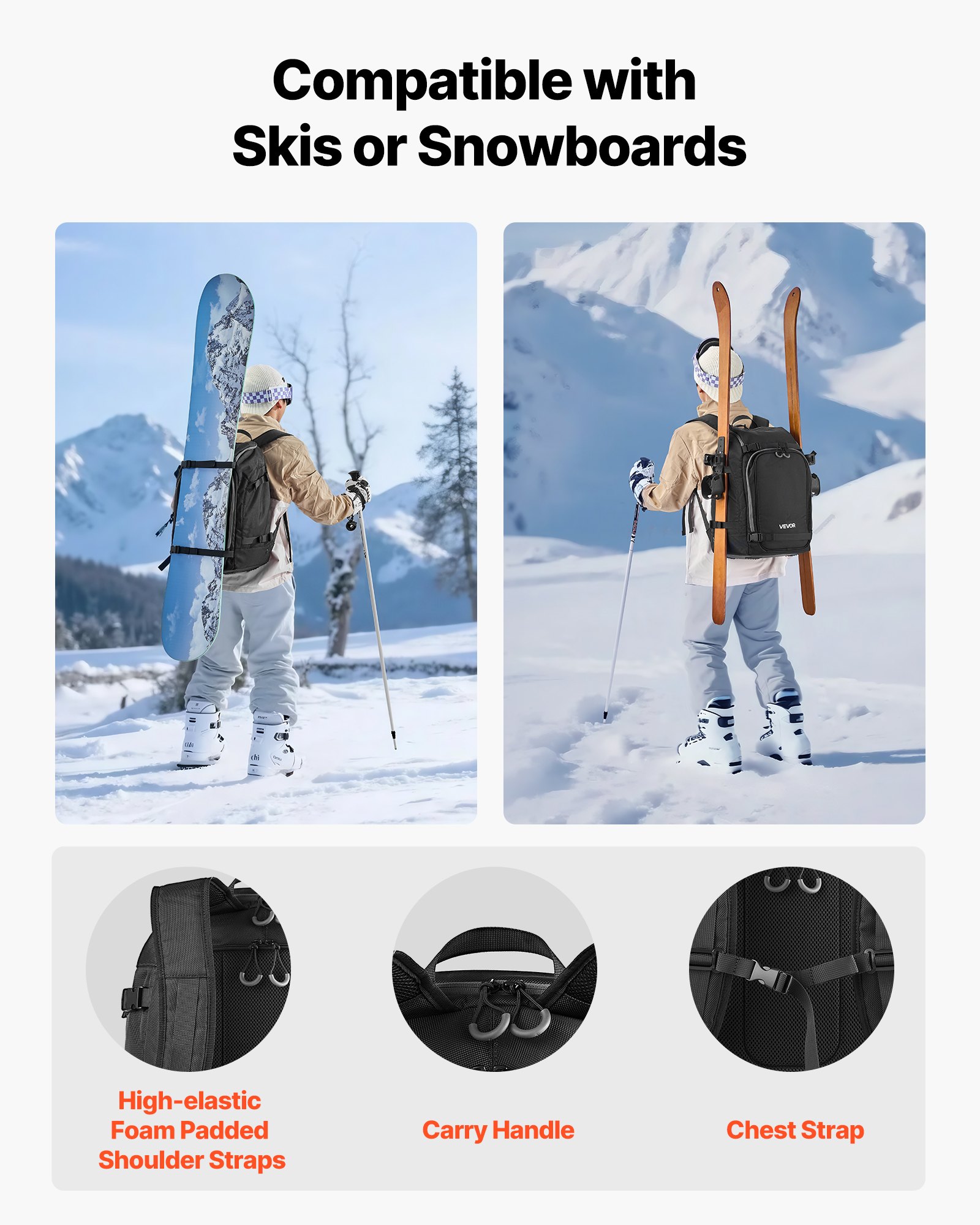 VEVOR Mochila de Viaje para Botas de Esquí, 55 L, para Hombre y Mujer, Impermeable, Exterior e Inferior, Oxford 1680D Resistente, para Snowboard, Casco, Gafas y Guantes, Negro, 410 x 270 x 500 mm