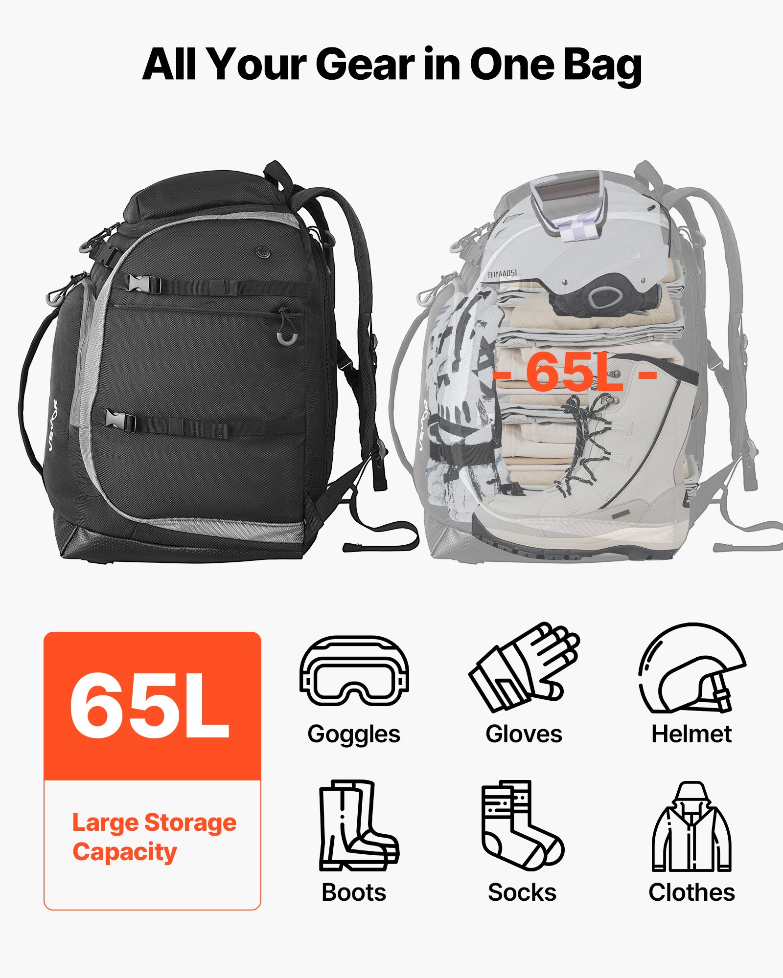 VEVOR Bolsa para Botas de Esquí, Mochila de Viaje de 65 L, con Exterior y Base Impermeables, Oxford 1680D, para Esquís, Snowboards, Cascos, Gafas, Guantes y Accesorios, Negro, 410 x 270 x 500 mm