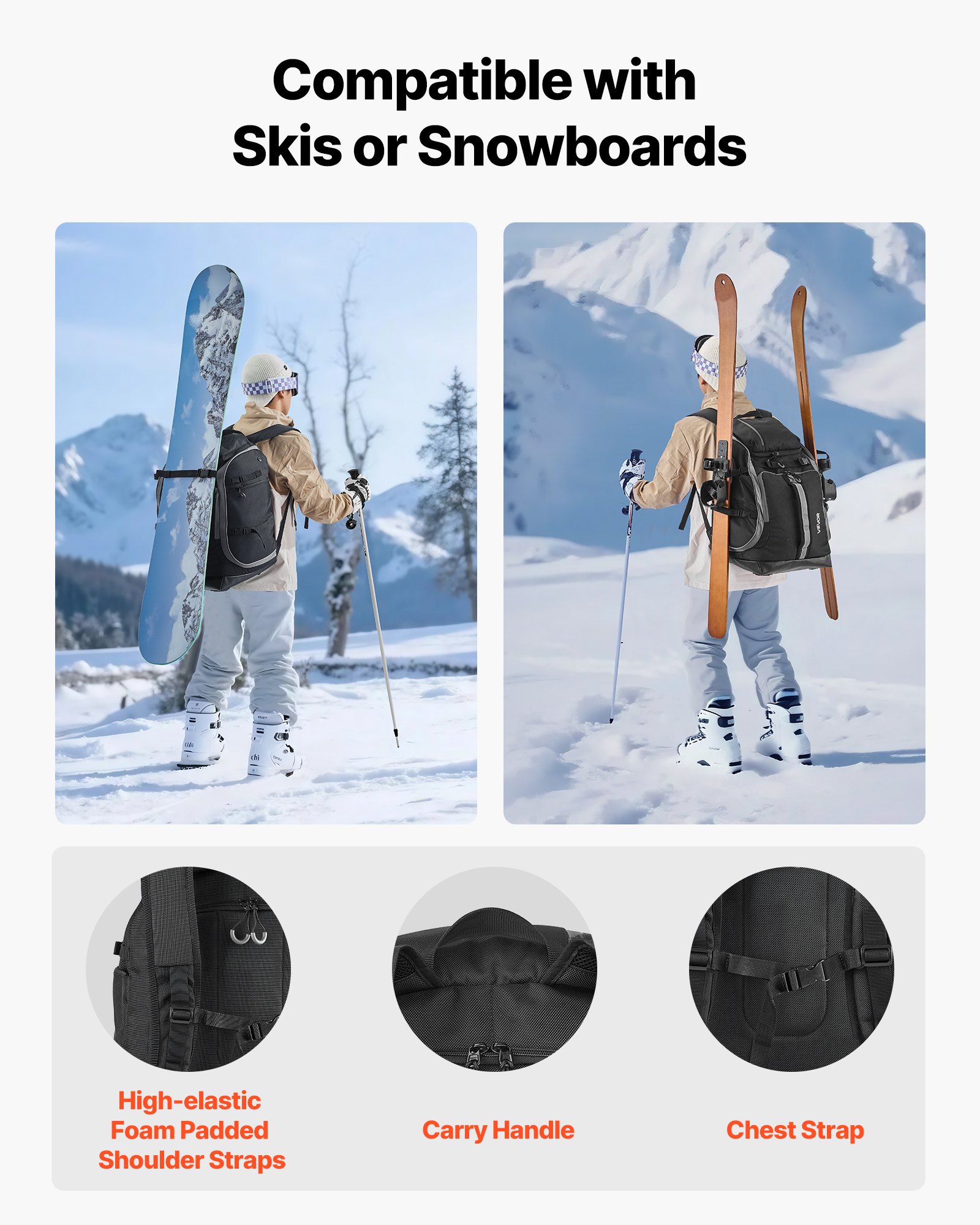 VEVOR Bolsa para Botas de Esquí, Mochila de Viaje de 65 L, con Exterior y Base Impermeables, Oxford 1680D, para Esquís, Snowboards, Cascos, Gafas, Guantes y Accesorios, Negro, 410 x 270 x 500 mm