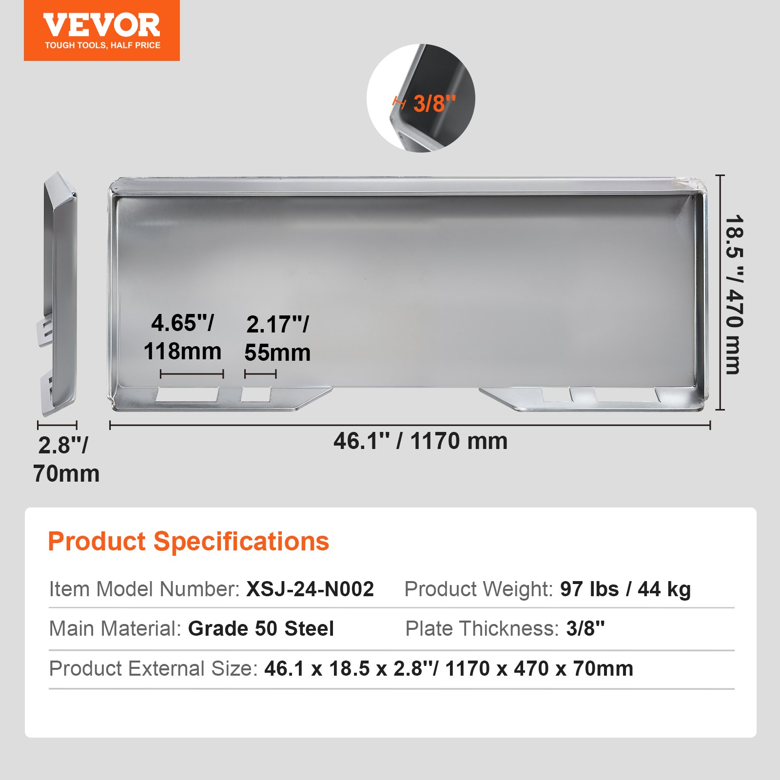 VEVOR 3/8 inch compact loader mounting plate, quick-release mounting plate, mounting plate, quick-release loader plate, compatible with compact loaders and tractors from Deere, Kubota, Bobcat, Mahindra