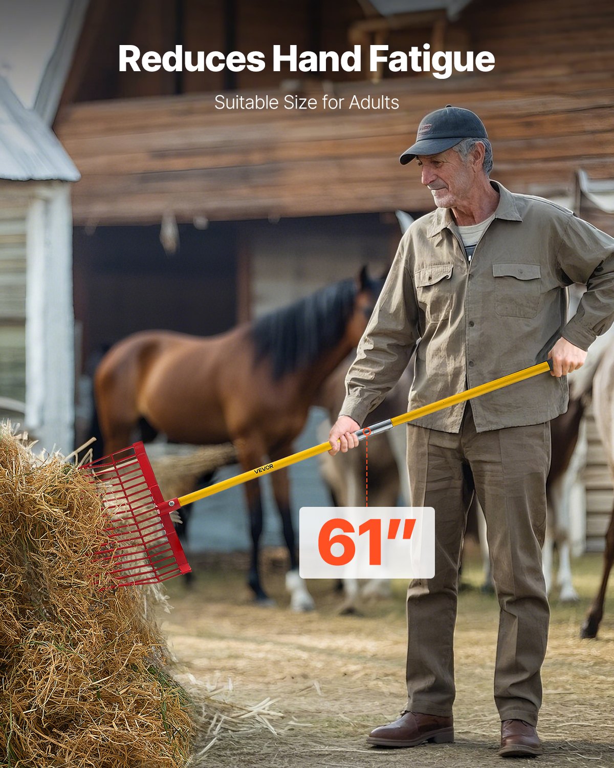 VEVOR Swedish pitchfork, 18 tines, manure fork with long fiberglass handle, 1550 mm plastic hay fork, manure fork tool for gardening, horse stable, barn, grass, hay cleaning, farm work