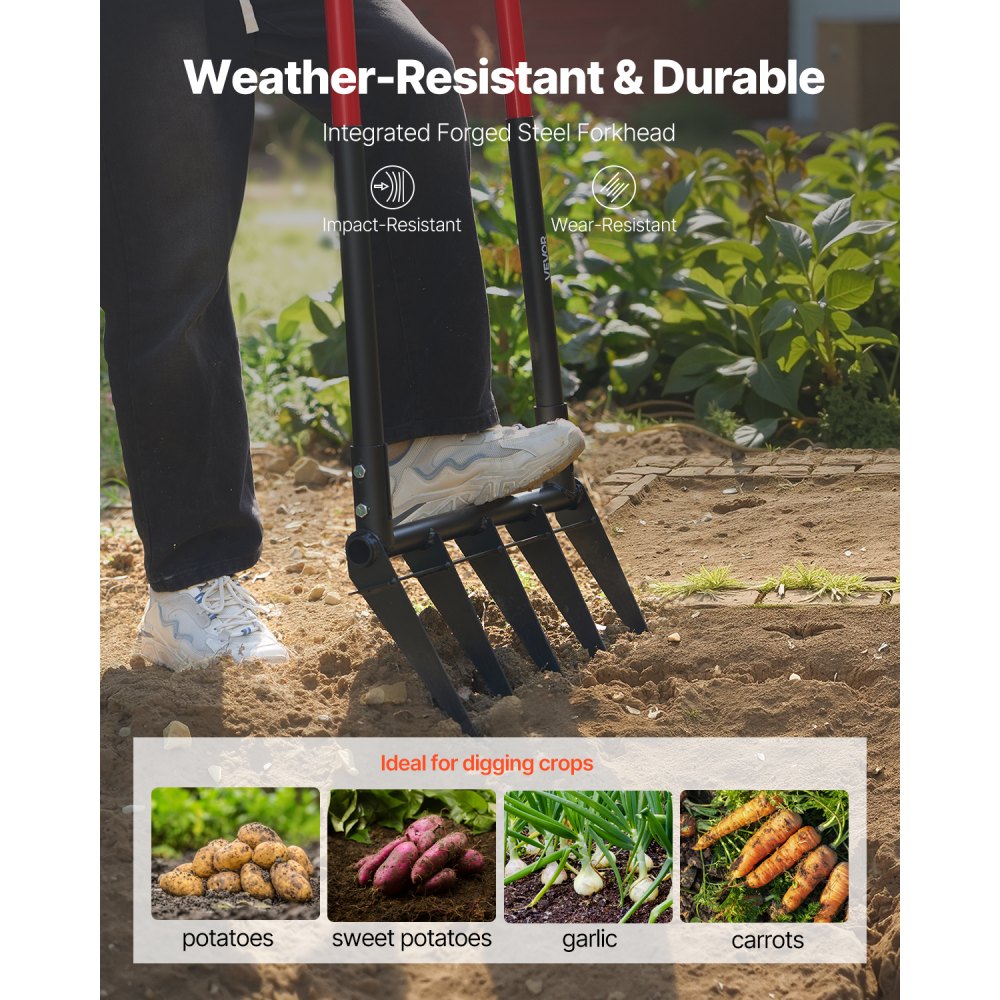 VEVOR Horca Ancha de 5 Dientes con Mangos Dobles de Fibra de Vidrio, Resistente, Diseño Ergonómico en Forma de U, Herramienta de Jardinería para Compostaje, Trasplante y Aireación, 1370 x 515 mm