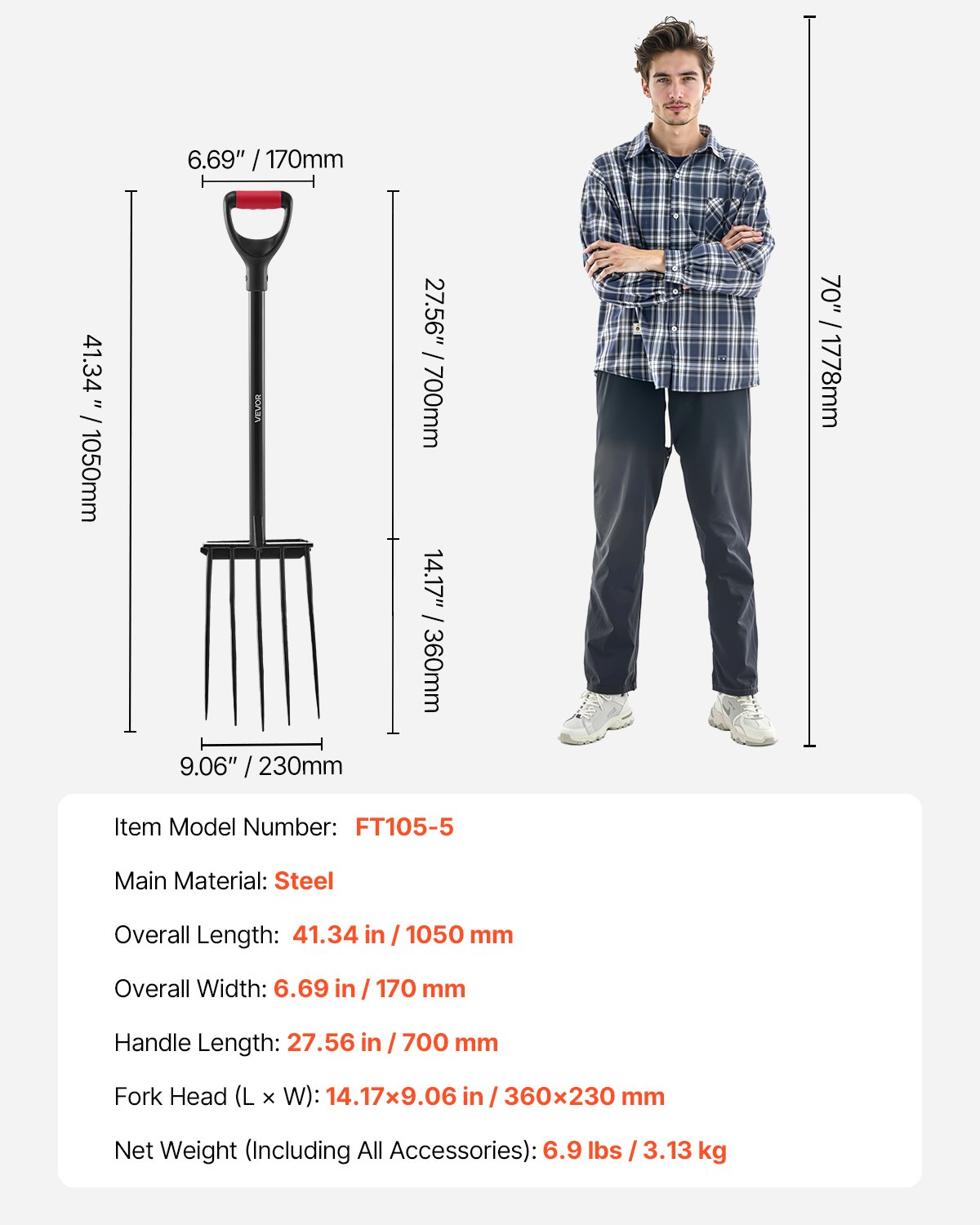 VEVOR manure fork, 5-tine garden hay fork with pitchfork, 1050 mm hay fork, manure fork with Y-handle, spade fork made of forged steel for hay, potato composting, transplanting, aeration