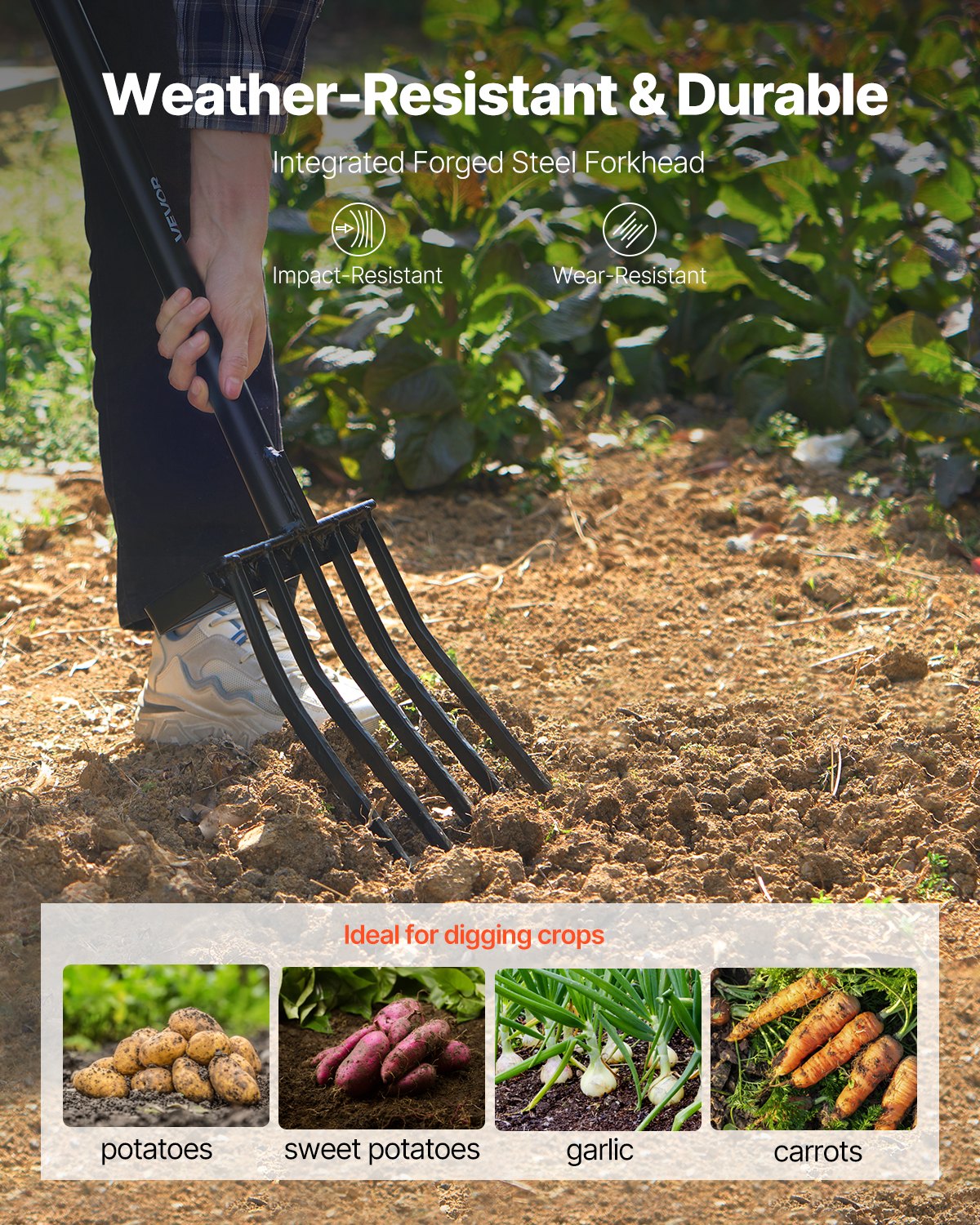 VEVOR Horca de Jardín de 5 Dientes con Mango de Metal, Horquilla de Excavación Resistente de 1050 mm con Empuñadura en Y, Acero Forjado, para Heno, Papa, Compostaje, Trasplante y Aireación, Negro