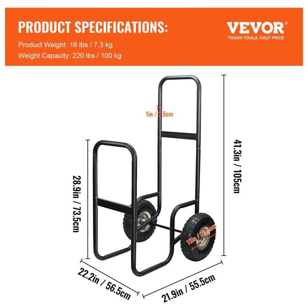 VEVOR Carro para Leña con Ruedas Acero Carga de 100 kg con Lona 56,5x55,5x105 cm