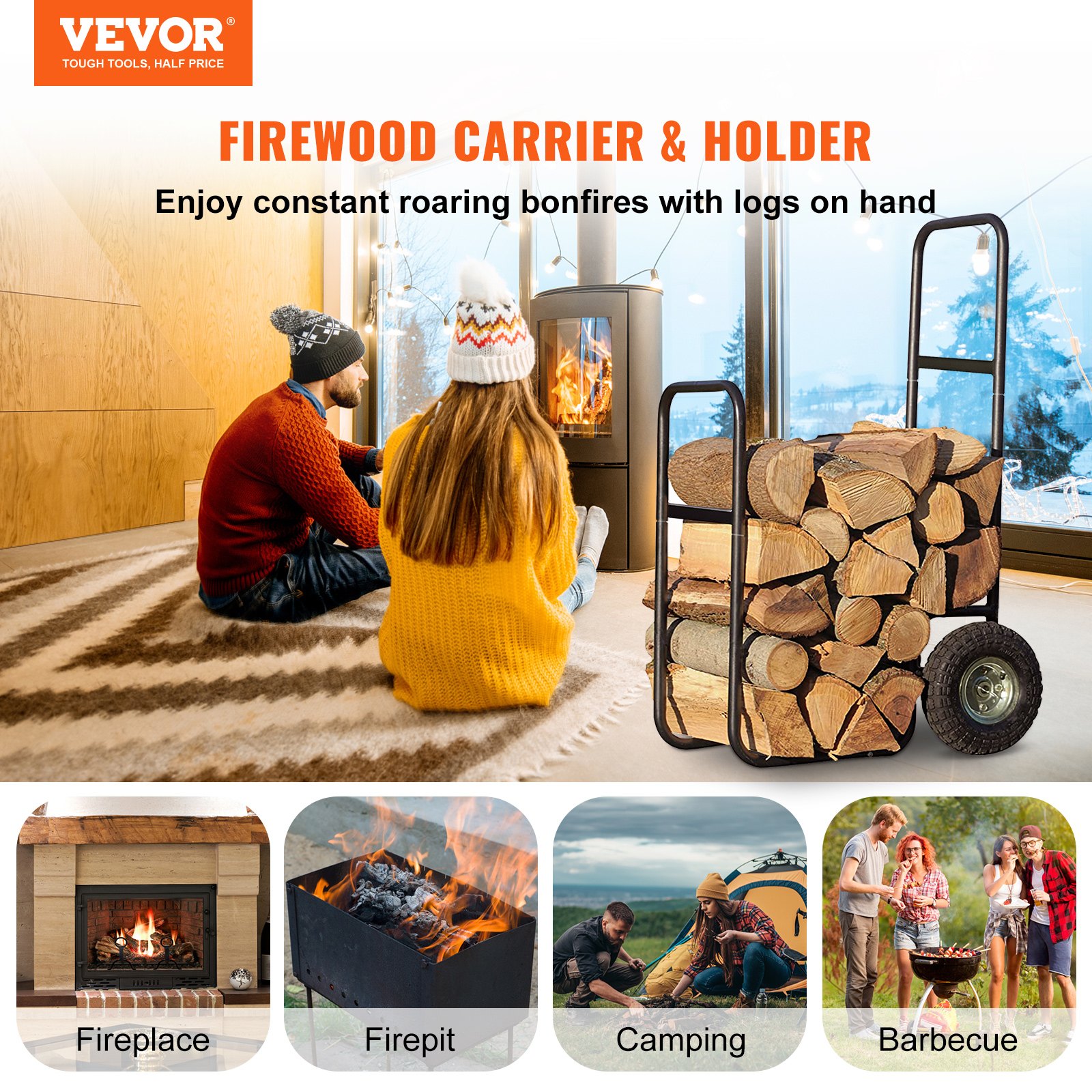 VEVOR Carro para Leña con Ruedas Acero Carga de 100 kg con Lona 56,5x55,5x105 cm