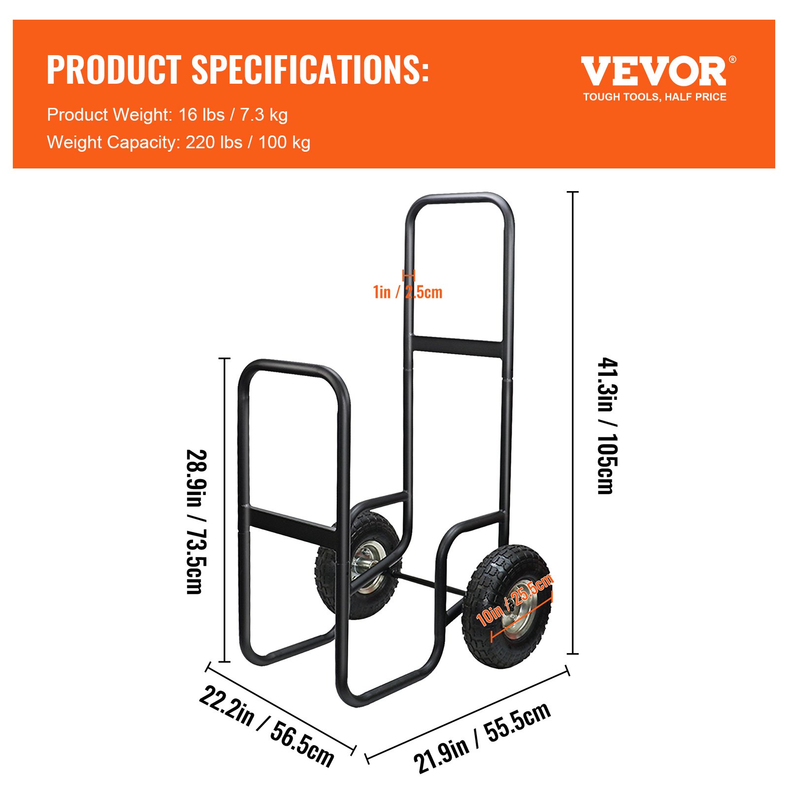 VEVOR Carro para Leña con Ruedas Acero Carga de 100 kg con Lona 56,5x55,5x105 cm