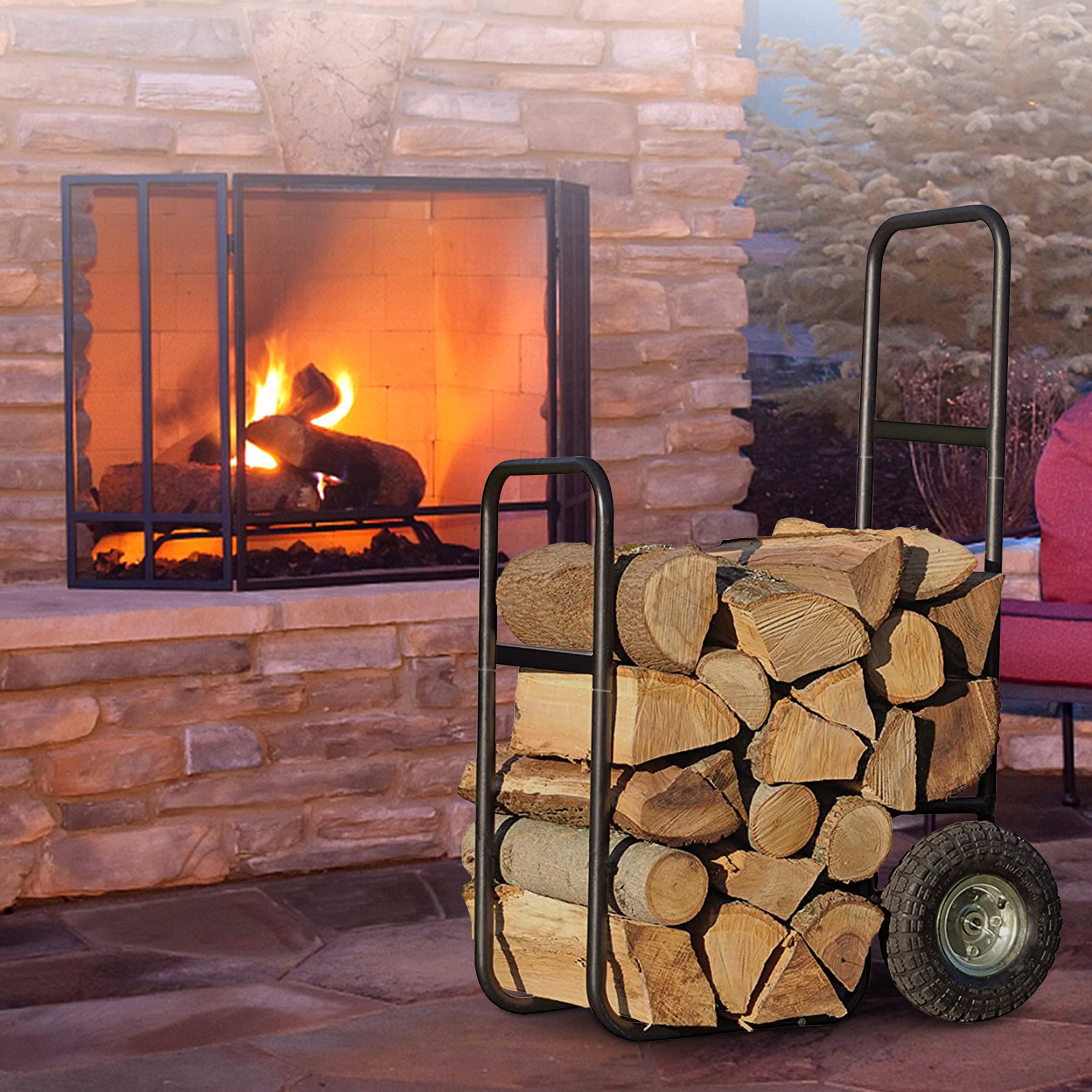 VEVOR Carro para Leña con Ruedas Acero Carga de 100 kg con Lona 56,5x55,5x105 cm