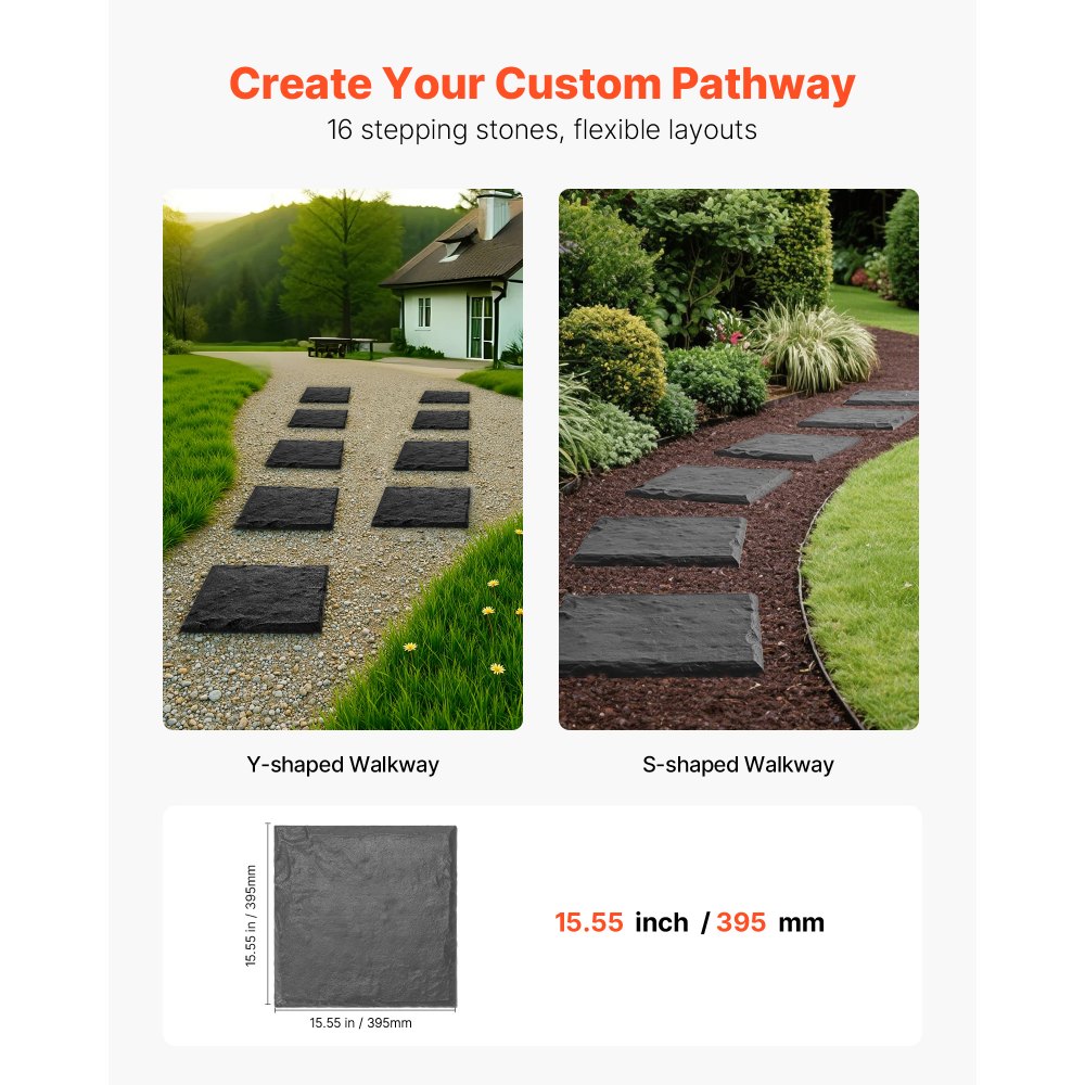 VEVOR Escalones con Estacas para Suelo 16 Piezas 39,5x39,5 cm Forma Cuadrada Piedras Escalonadas Decorativas Resistentes a la Intemperie para Pasarelas Exteriores, Césped, Patio, Paisajismo, Gris