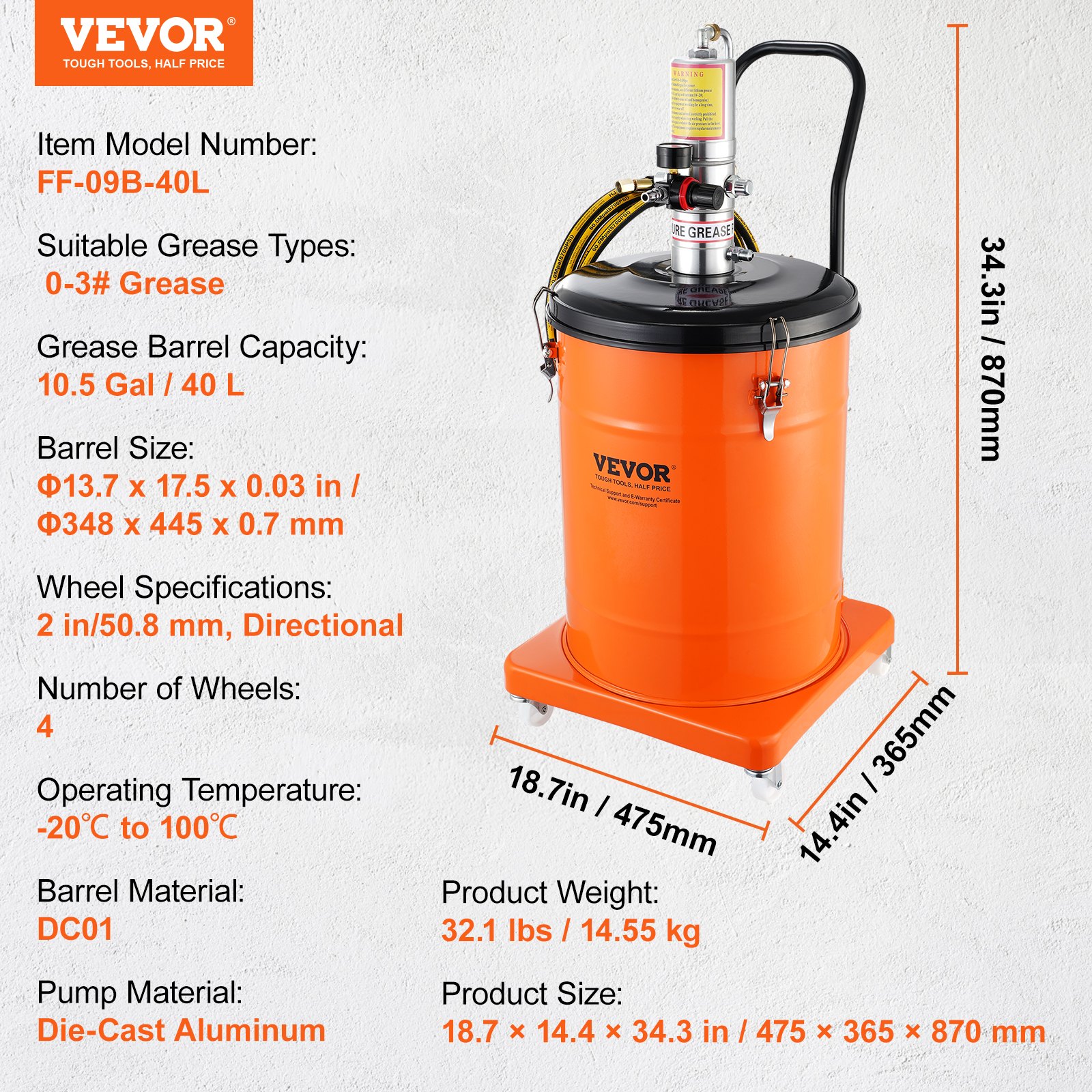 VEVOR Bomba de Grasa Neumática Relación de Presión 50:1 Bomba de Cubo de Grasa Neumática de 40 L Pistola de Grasa Bomba de Grasa con Ruedas y Manguera de 4 m Boquilla de 360° Conexión NPT Estándar