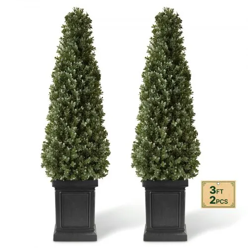 VEVOR Árboles Artificiales Exterior 100 cm, 2 Árboles Topiarios con Macetas para Puertas, Porches, Escaleras y Pasillos, con Hojas de PE, Forma Cónica y Follaje de Boj para Uso Interior y Exterior