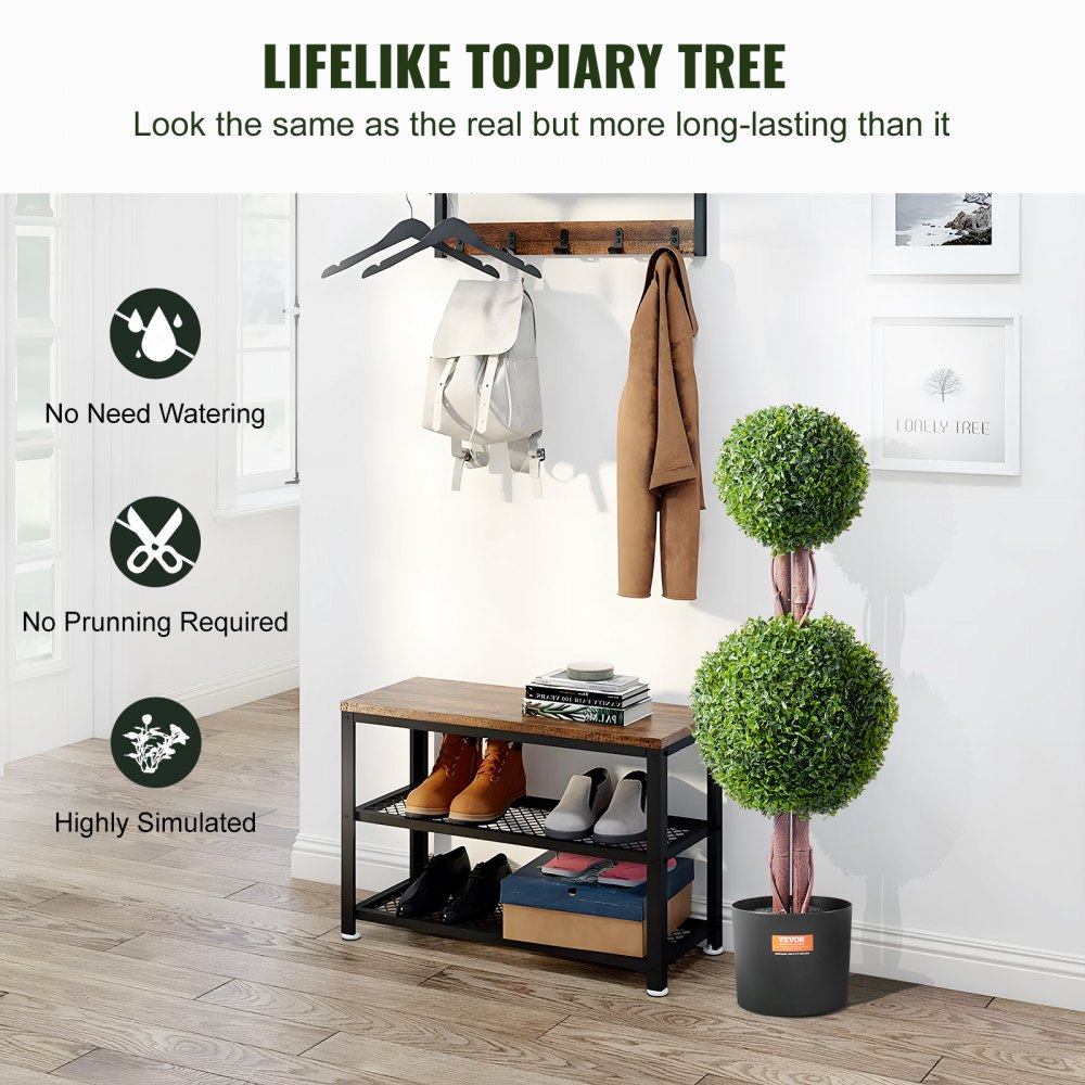 VEVOR Árbol topiario artificial de boj, 48 pulgadas de alto (2 piezas), árboles topiarios artificiales de doble bola, planta artificial con hojas adicionales y maceta y pequeña decoración, juego con clasificación UV para decoración del hogar interior/exterior
