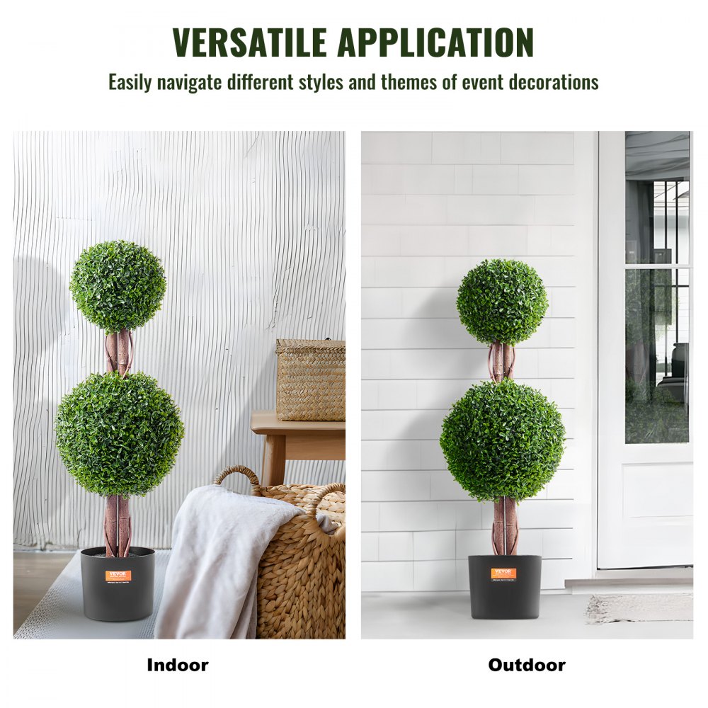 VEVOR Árbol topiario artificial de boj, 48 pulgadas de alto (2 piezas), árboles topiarios artificiales de doble bola, planta artificial con hojas adicionales y maceta y pequeña decoración, juego con clasificación UV para decoración del hogar interior/exterior