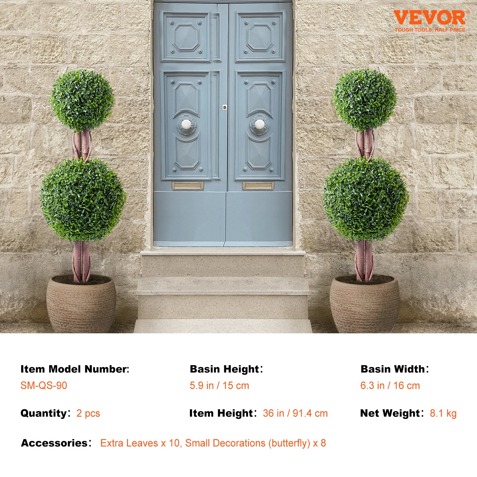 VEVOR Artificial Boxwood Topiary, 121.9 cm tall (2 pieces), Double Ball Topiary Trees, Artificial Plant with Extra Leaves, Pot and Small Decoration, UV-Protected Set for Indoor and Outdoor Decoration