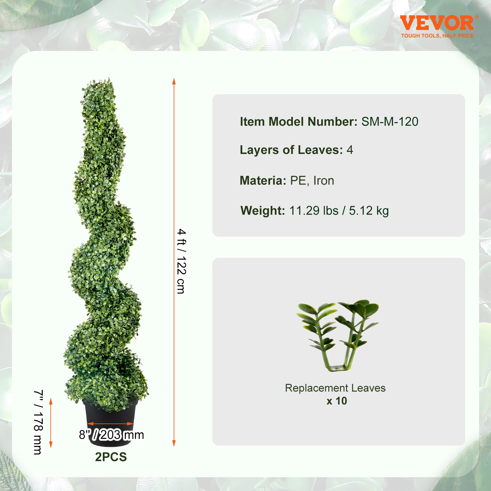 VEVOR Boj Topiario Artificial 122 cm Espiral de Boj Artificial 2 Plantas Falsas de PE 10 Hojas Recambiables con Maceta Inodora para Decoración de Exteriores Interiores Jardín Terraza Balcón Entrada