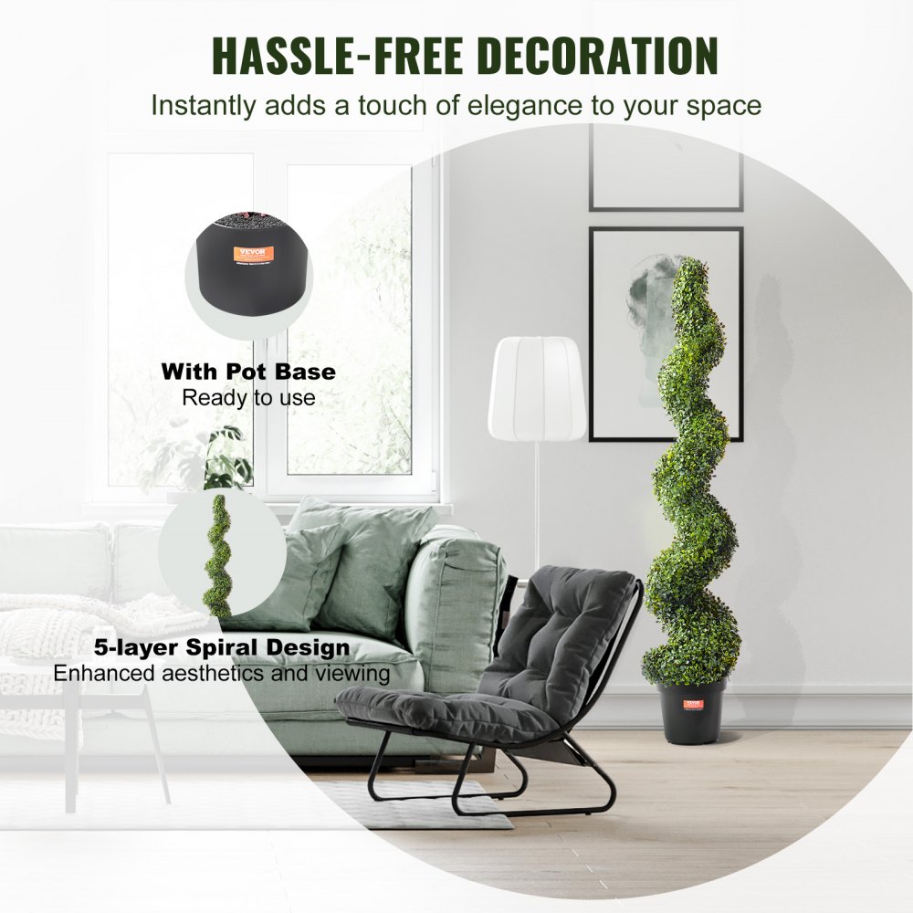 VEVOR Árbol topiario artificial de boj, 60 pulgadas de alto (2 piezas), árboles topiarios artificiales en espiral, planta artificial con hojas adicionales, maceta y pequeña decoración, juego de vegetación con clasificación UV para decoración del hogar en interiores y exteriores