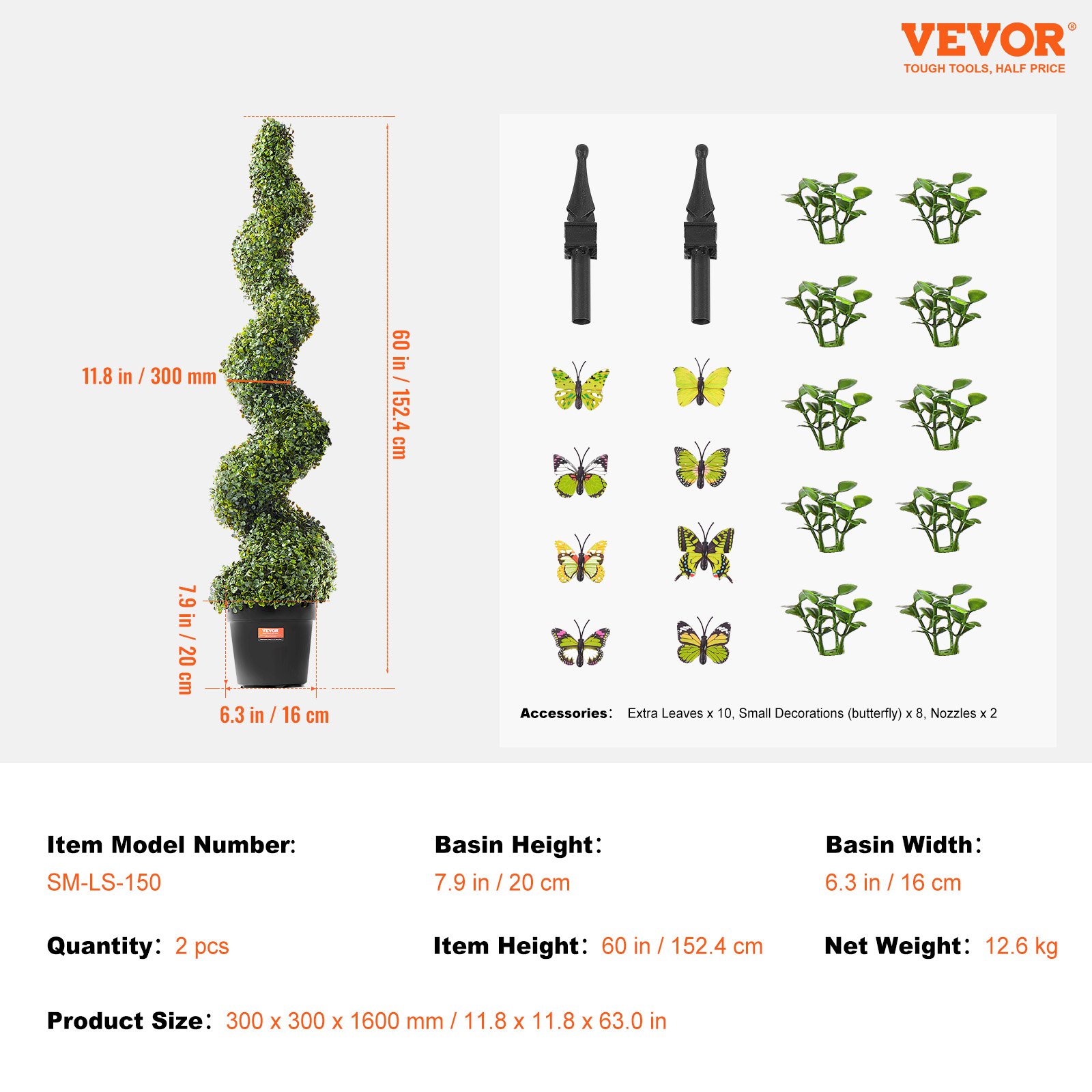 VEVOR Árbol topiario artificial de boj, 60 pulgadas de alto (2 piezas), árboles topiarios artificiales en espiral, planta artificial con hojas adicionales, maceta y pequeña decoración, juego de vegetación con clasificación UV para decoración del hogar en interiores y exteriores