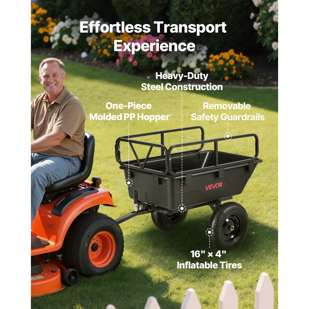 VEVOR Remolque Utilitario para Jardín, Remolque de Volteo de Polietileno 144 x 57,5 x 69 cm con Neumáticos, Tracción Manual o Pedal, Carro de Jardín Resistente para Cortacésped, Carga de 226,8 kg