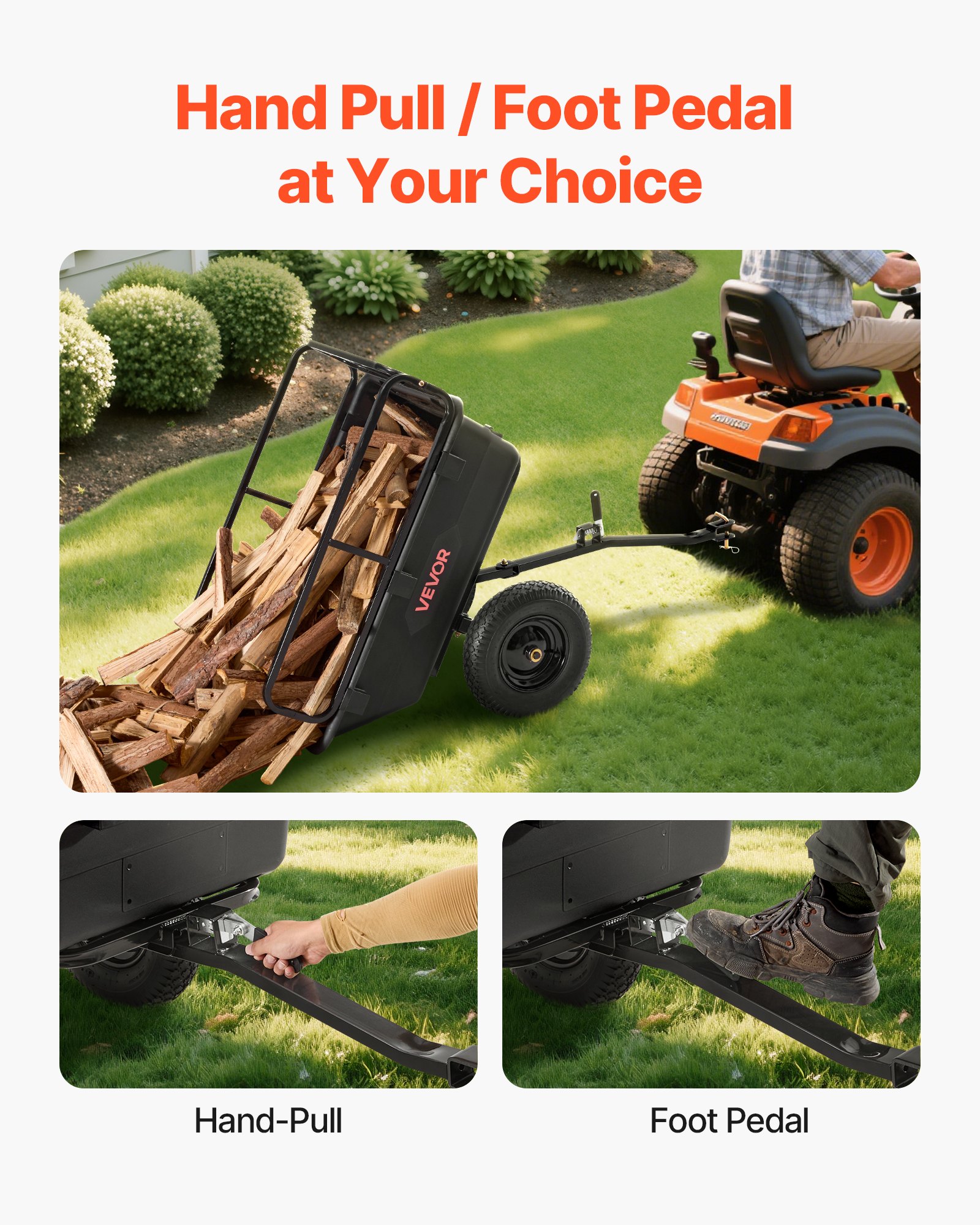 VEVOR Remolque Utilitario para Jardín, Remolque de Volteo de Polietileno 144 x 57,5 x 69 cm con Neumáticos, Tracción Manual o Pedal, Carro de Jardín Resistente para Cortacésped, Carga de 226,8 kg