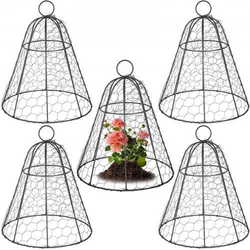 VEVOR Cubierta Protectora de Malla de Alambre 33 x 40 cm Campana Protectora para Plantas de Hierro con Recubrimiento en Polvo 5 Piezas Sombrero para Plantas contra Animales con Anillo de 6 cm Negro