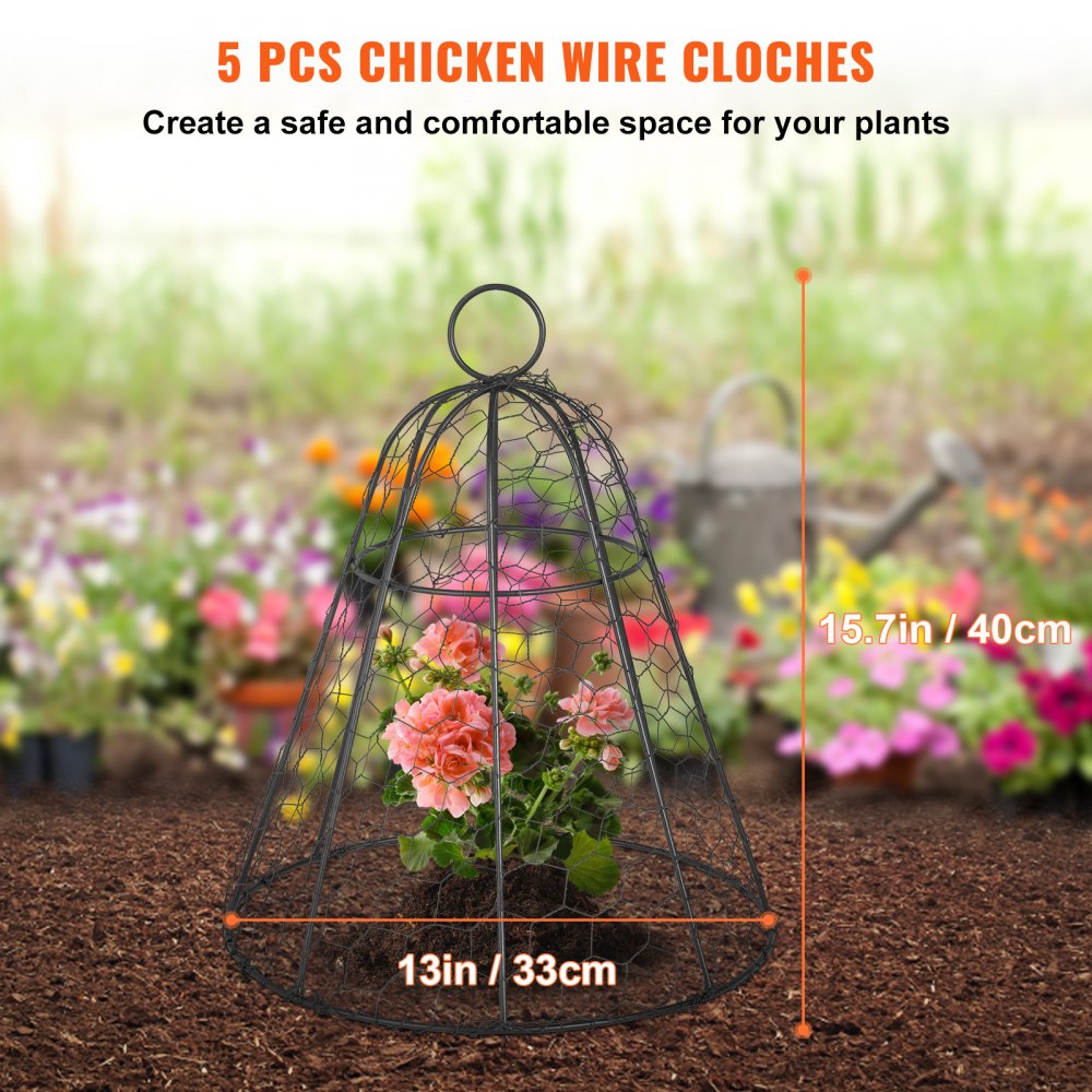VEVOR Cubierta Protectora de Malla de Alambre 33 x 40 cm Campana Protectora para Plantas de Hierro con Recubrimiento en Polvo 5 Piezas Sombrero para Plantas contra Animales con Anillo de 6 cm Negro