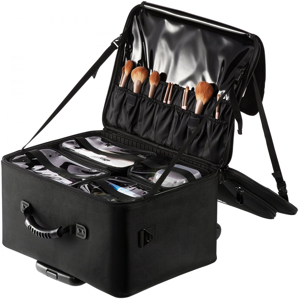 VEVOR Estuche de Maquillaje con Ruedas 3 Niveles Conveniente Maleta de Almacenamiento de Transporte con Asas Correa, Caja Bolsa de Maquillaje Oxford Impermeable Profesional Regalo de Maquillaje, Negro
