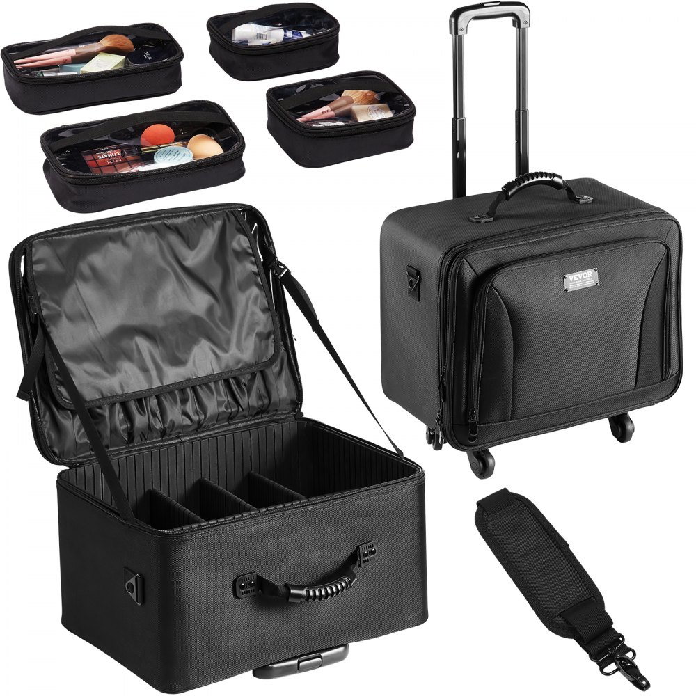 VEVOR Estuche de Maquillaje con Ruedas 3 Niveles Conveniente Maleta de Almacenamiento de Transporte con Asas Correa, Caja Bolsa de Maquillaje Oxford Impermeable Profesional Regalo de Maquillaje, Negro