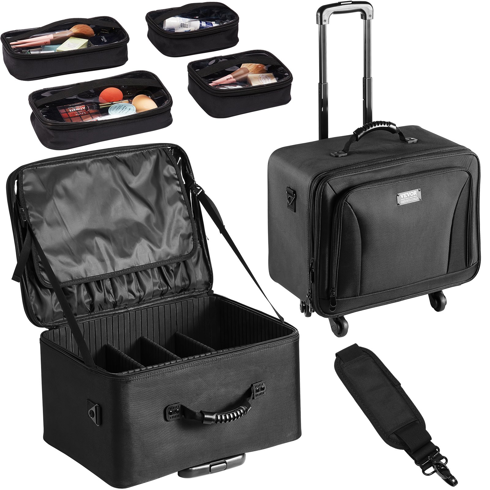 VEVOR Estuche de Maquillaje con Ruedas 3 Niveles Conveniente Maleta de Almacenamiento de Transporte con Asas Correa, Caja Bolsa de Maquillaje Oxford Impermeable Profesional Regalo de Maquillaje, Negro
