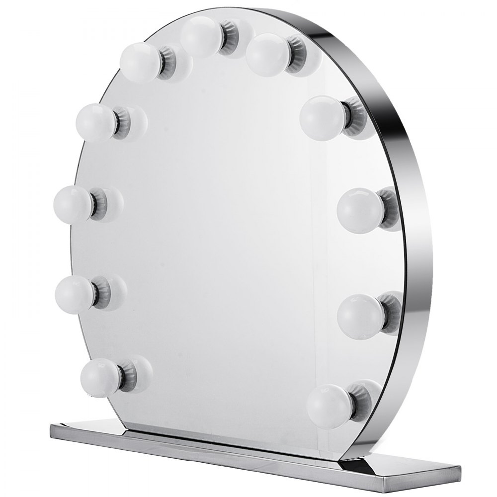 VEVOR Espejo de Maquillaje con Iluminación LED, 12 Bombillas, Espejo Redondo para Maquillaje, Espejo de Maquillaje con Luz 70x70cm, Espejo de Tocador con Mesa Plateado, Ajuste de Brillo de Bombilla