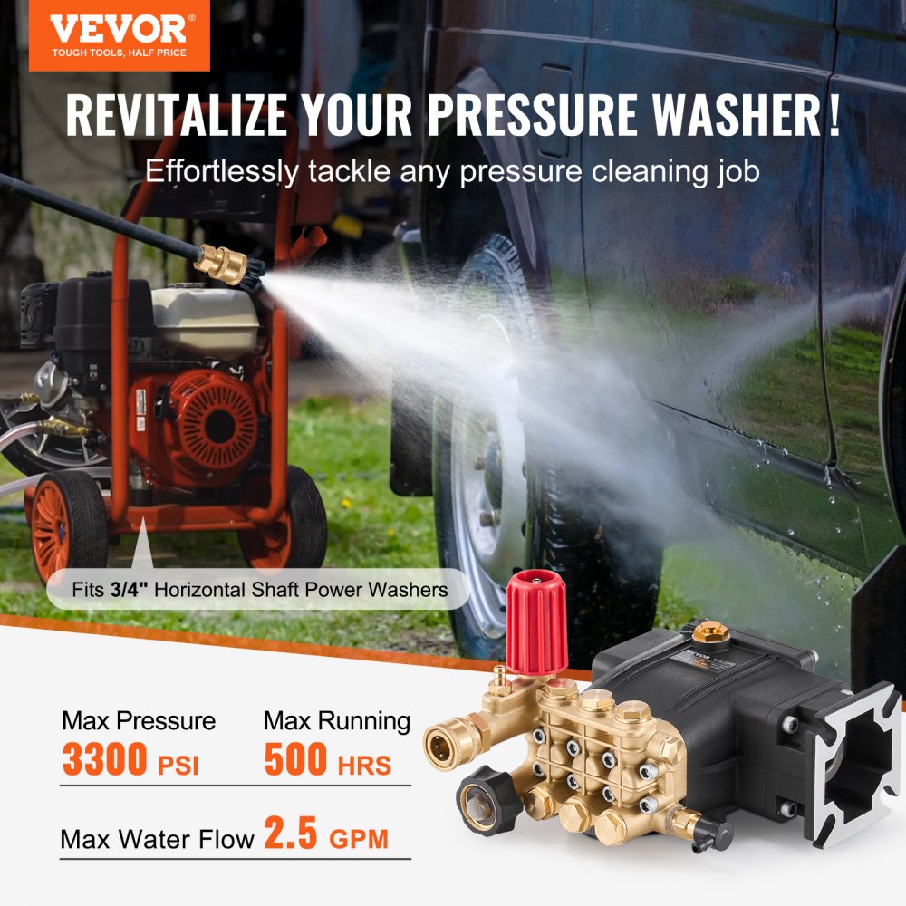 VEVOR High Pressure Washer Pump, 3/4-inch Shaft, Horizontal Triplex Piston, 3300 PSI, 2.5 GPM, Replacement High Pressure Washer Pump Set with 5 Nozzles, Up to 500 Hours of Continuous Operation, Replacement Pump