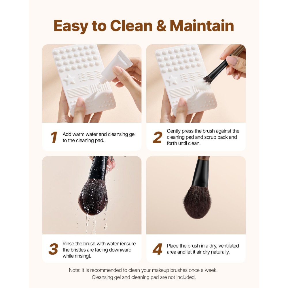 VEVOR Juego Elegante de 9 Brochas de Maquillaje para Base, Difuminado y Sombras de Ojos, con Cerdas Suaves de Lana Natural y Sintéticas Veganas, Mango Ergonómico de Madera, Bolsa de Viaje, Marrón