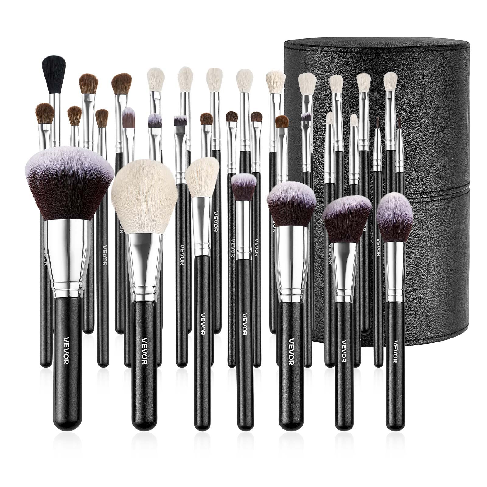 VEVOR Juego de 34 Brochas de Maquillaje Profesional a Base, Difuminar Sombras de Ojos, Corrector y Rubor, con Cerdas Suaves, Mango Ergonómico de Madera y Estuche de Viaje Incluido, Color Negro