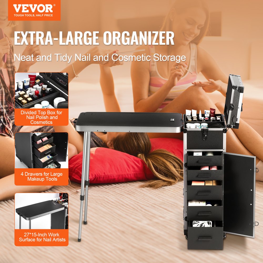 VEVOR Estuche de Maquillaje Profesional de Aluminio, Banco de Trabajo con Patas de Apoyo, Estuche de Cosméticos con Ruedas, Carro Organizador de Viaje Grande, con Ruedas Giratorias de 360°, Negro