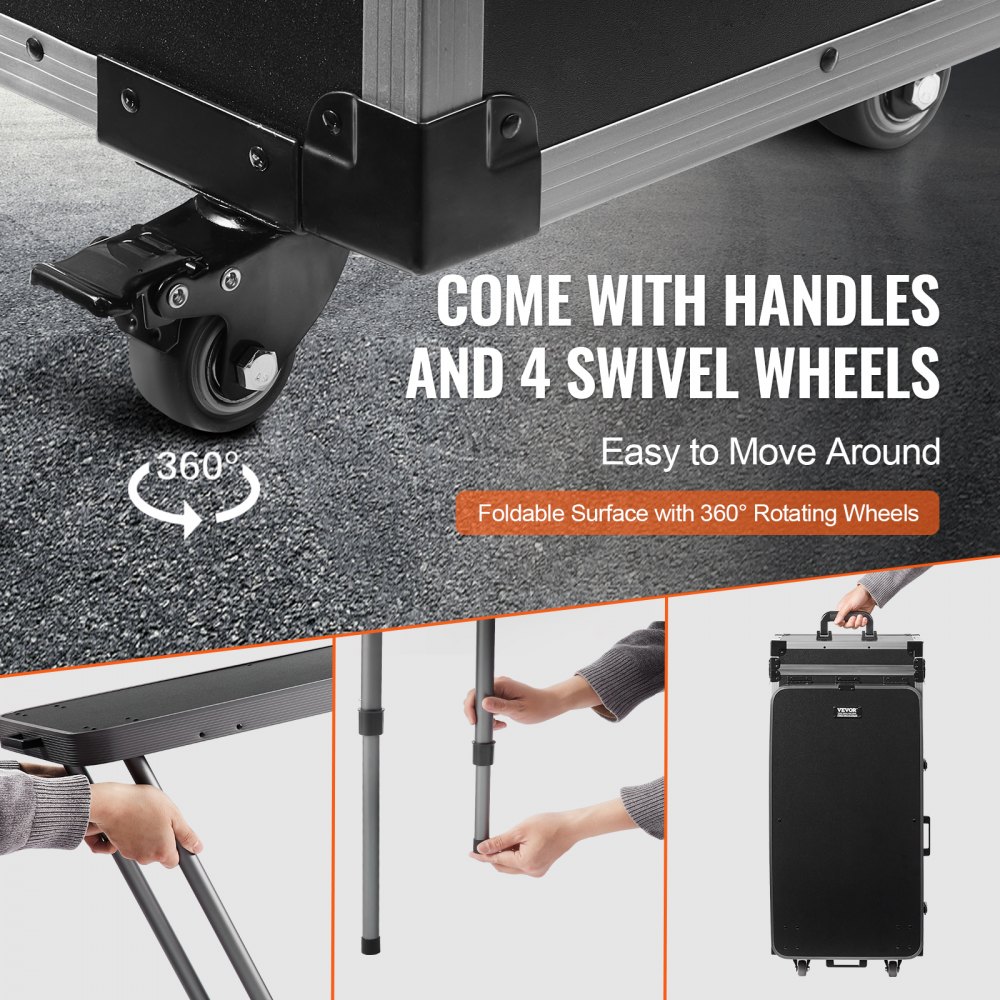VEVOR Estuche de Maquillaje Profesional de Aluminio, Banco de Trabajo con Patas de Apoyo, Estuche de Cosméticos con Ruedas, Carro Organizador de Viaje Grande, con Ruedas Giratorias de 360°, Negro