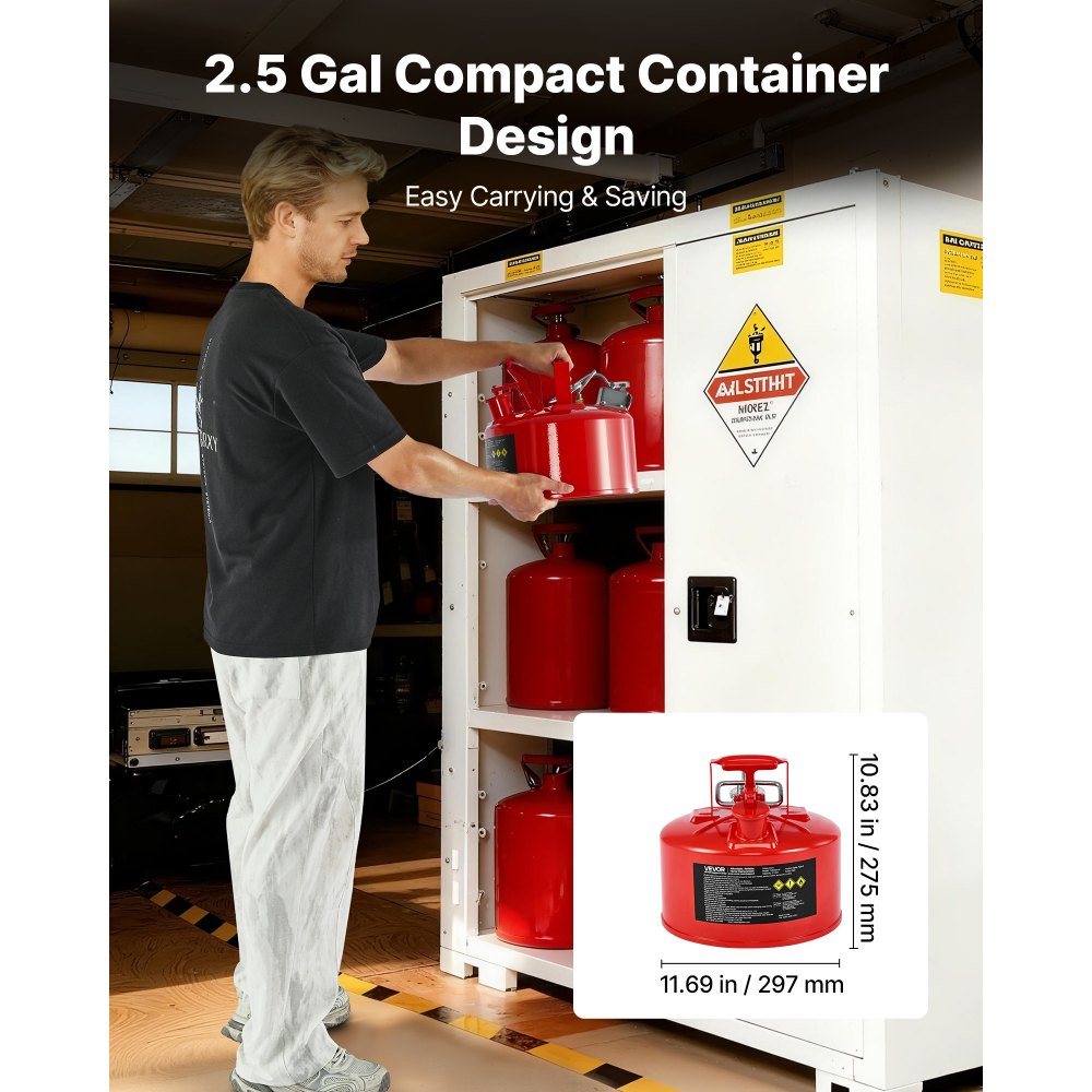 VEVOR Bidón de Seguridad de 9,5 L Tipo II, Acero Laminado en Frío, Resistente a la Corrosión, con Supresor de Llamas, Tapa de Cierre Automático y Pico Metálico Flexible, Color Rojo, 297 x 275 mm
