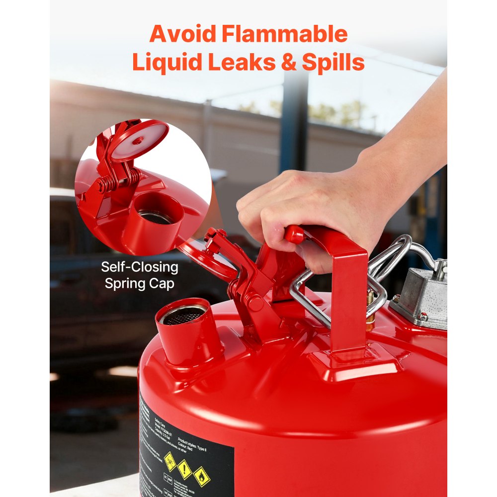 VEVOR Bidón de Seguridad de 9,5 L Tipo II, Acero Laminado en Frío, Resistente a la Corrosión, con Supresor de Llamas, Tapa de Cierre Automático y Pico Metálico Flexible, Color Rojo, 297 x 275 mm