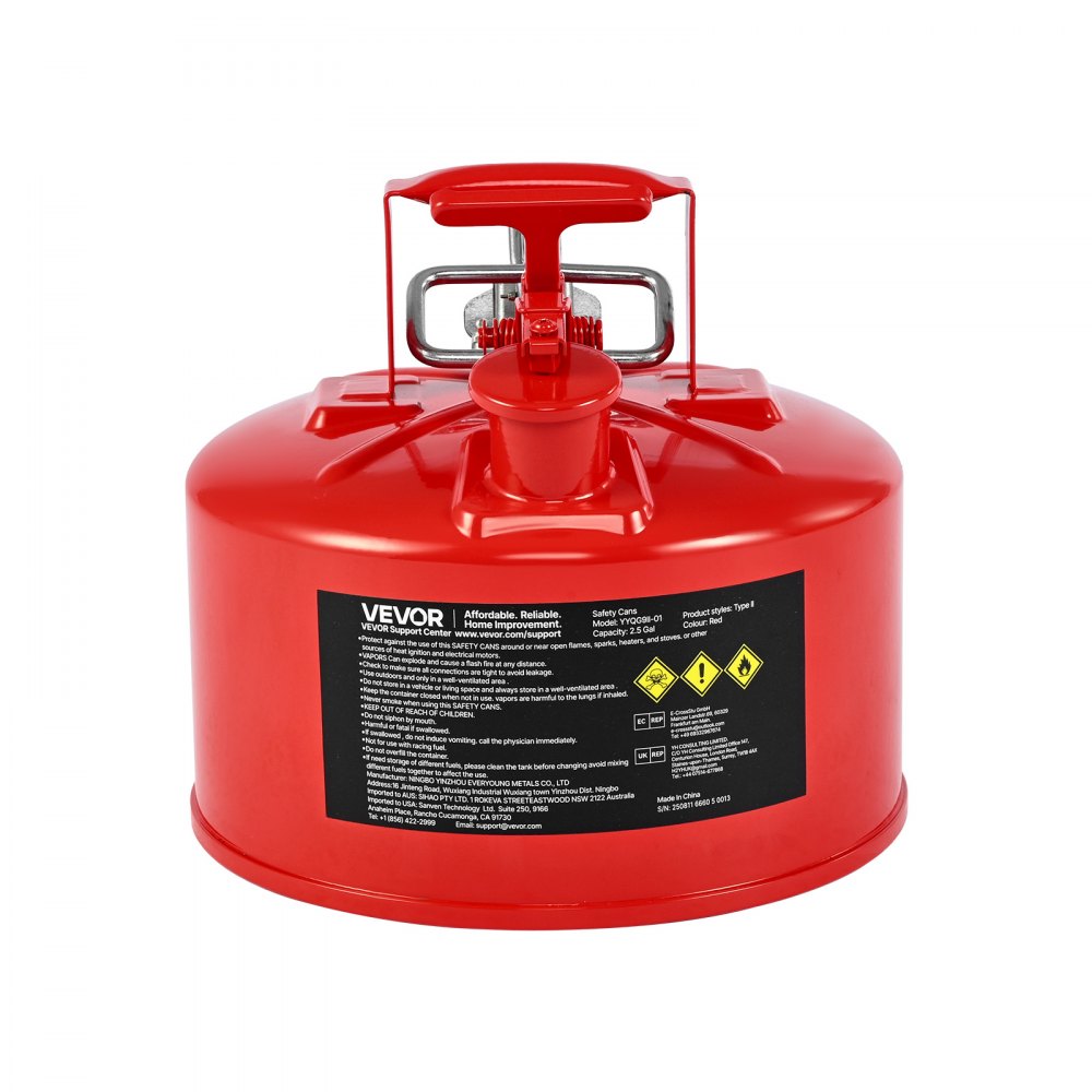 VEVOR Bidón de Seguridad de 9,5 L Tipo II, Acero Laminado en Frío, Resistente a la Corrosión, con Supresor de Llamas, Tapa de Cierre Automático y Pico Metálico Flexible, Color Rojo, 297 x 275 mm