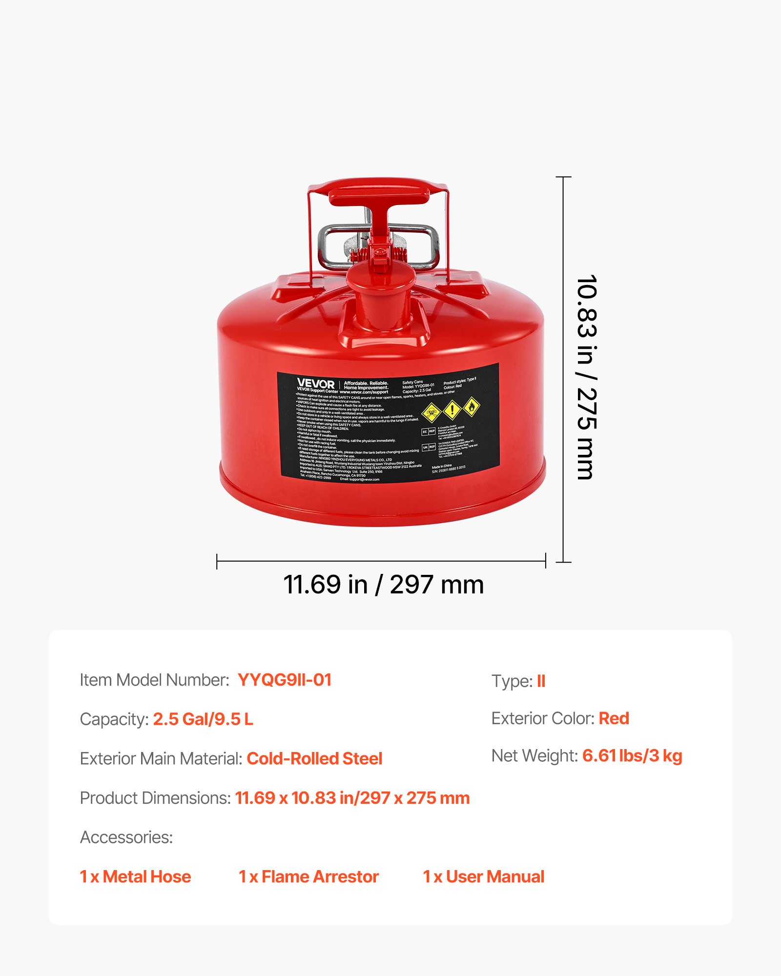 VEVOR Bidón de Seguridad de 9,5 L Tipo II, Acero Laminado en Frío, Resistente a la Corrosión, con Supresor de Llamas, Tapa de Cierre Automático y Pico Metálico Flexible, Color Rojo, 297 x 275 mm