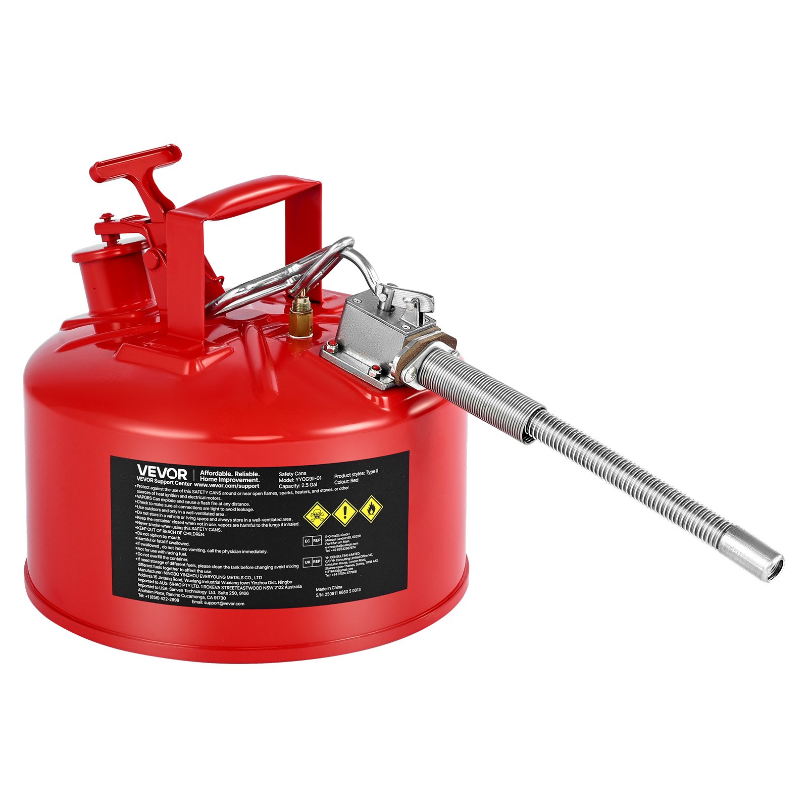 VEVOR Bidón de Seguridad de 9,5 L Tipo II, Acero Laminado en Frío, Resistente a la Corrosión, con Supresor de Llamas, Tapa de Cierre Automático y Pico Metálico Flexible, Color Rojo, 297 x 275 mm