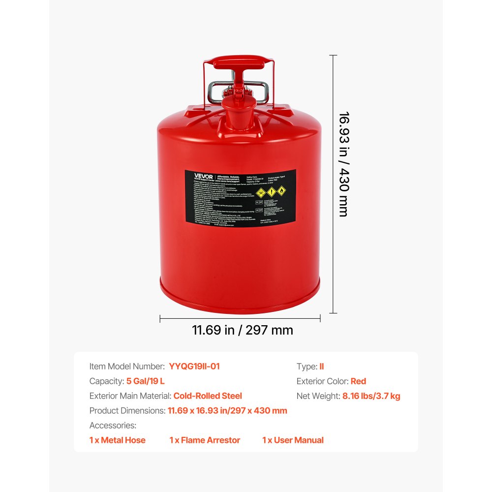 VEVOR Bidón de Seguridad, Contenedor de Seguridad Tipo II de 19 L con Supresor de Llamas, Tapa de Cierre Automático y Pico Metálico Flexible, para Materiales Inflamables, Volor Rojo, 297 x 430 mm
