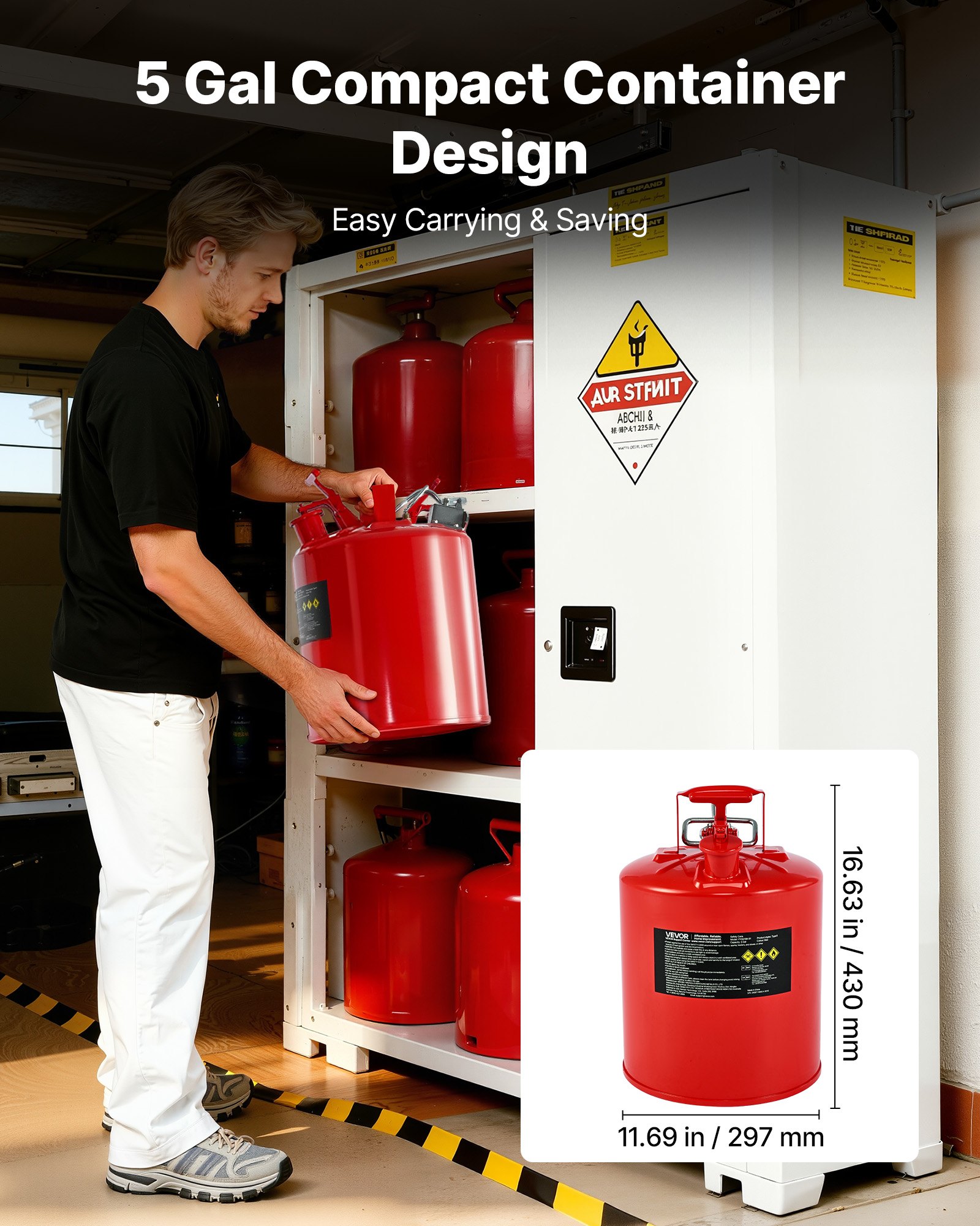 VEVOR Bidón de Seguridad, Contenedor de Seguridad Tipo II de 19 L con Supresor de Llamas, Tapa de Cierre Automático y Pico Metálico Flexible, para Materiales Inflamables, Volor Rojo, 297 x 430 mm