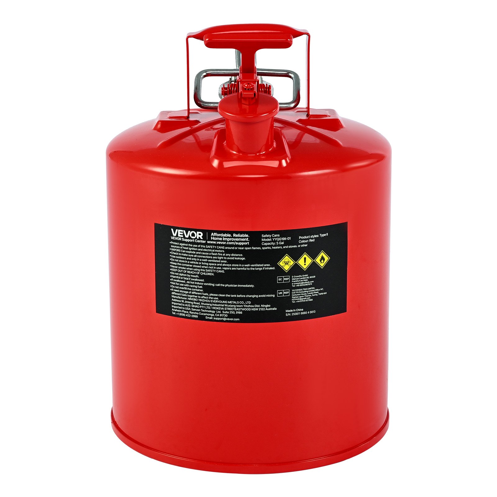 VEVOR Bidón de Seguridad, Contenedor de Seguridad Tipo II de 19 L con Supresor de Llamas, Tapa de Cierre Automático y Pico Metálico Flexible, para Materiales Inflamables, Volor Rojo, 297 x 430 mm