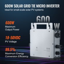 VEVOR Micro inversor solar 600W IP67 Impermeable Aleación Grid Tie Solar Micro Inversor de aluminio Voltaje DC 18-50V con Wifi APP Antena Cable de alimentación para sistemas de paneles solares