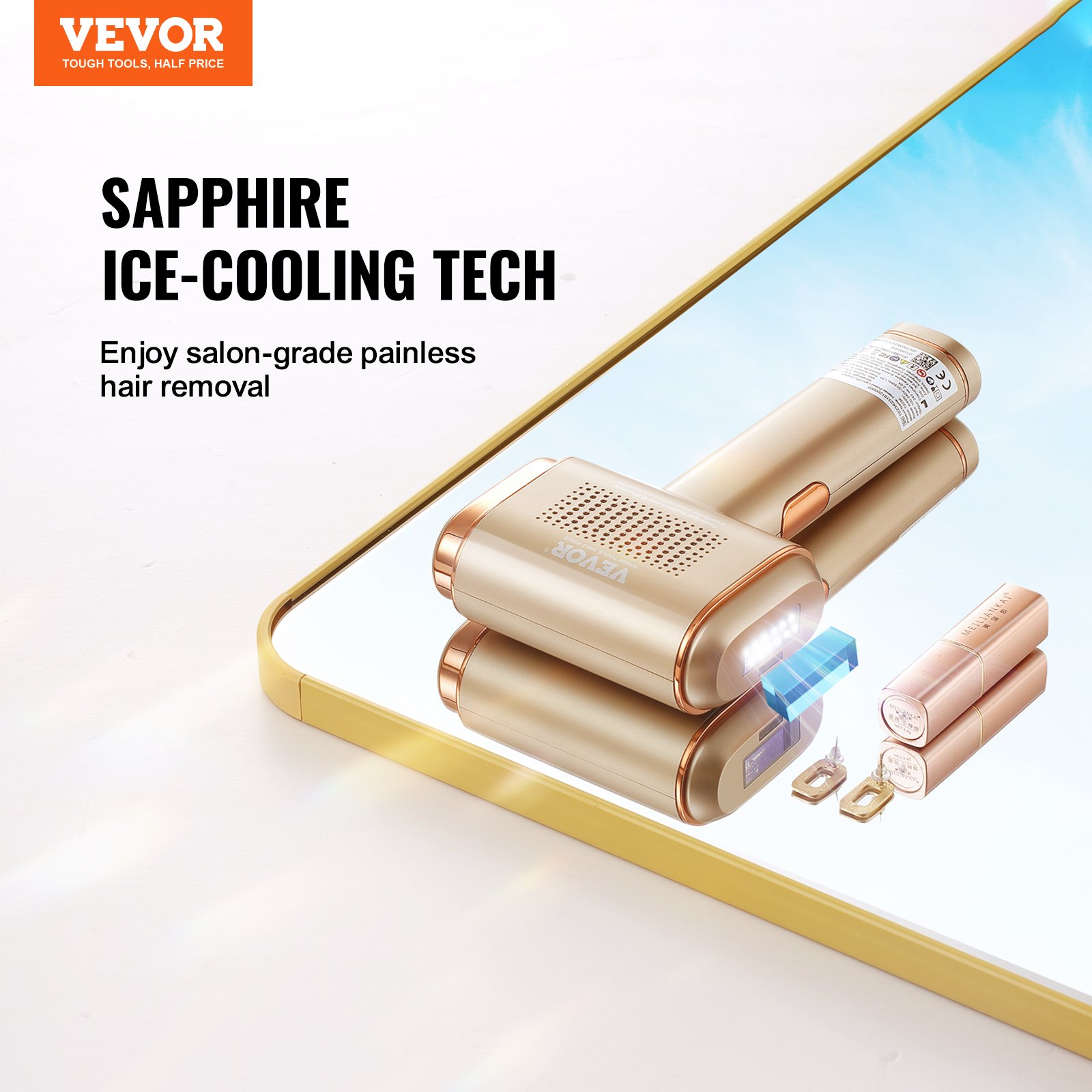 VEVOR Depiladora de Luz Pulsada Enfriamiento por Hielo de Zafiro Depiladora Láser IPL 3 en 1 Sin Dolor con Modo Automático/Manual Depilación en Hogar 5 Niveles de Intensidad para Cuerpo Energía de 19J